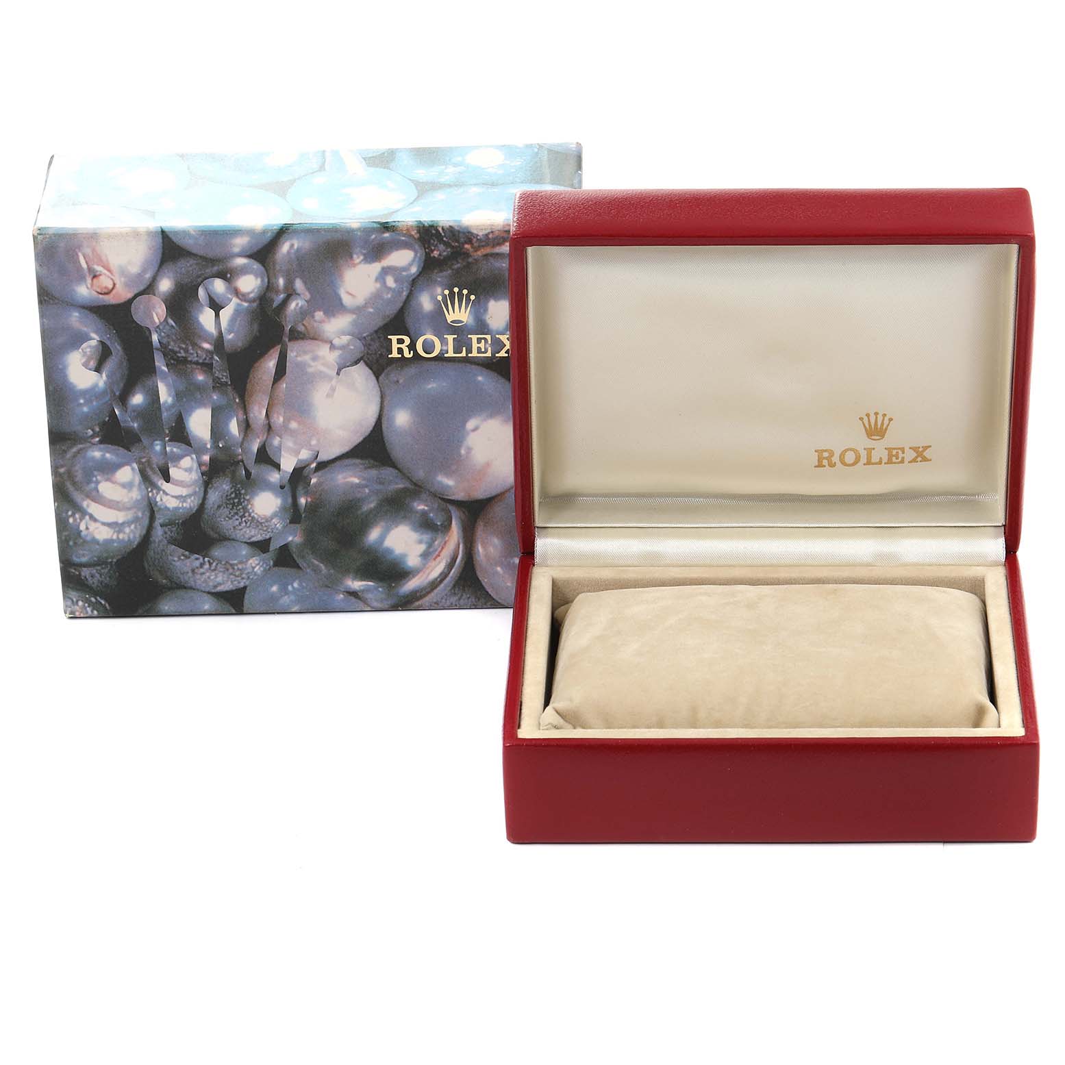 The image shows a Rolex President 69179 Women's White Gold Blue Dial 69179 Women's White Gold Blue Dial model watch box and packaging from a straight-on angle.