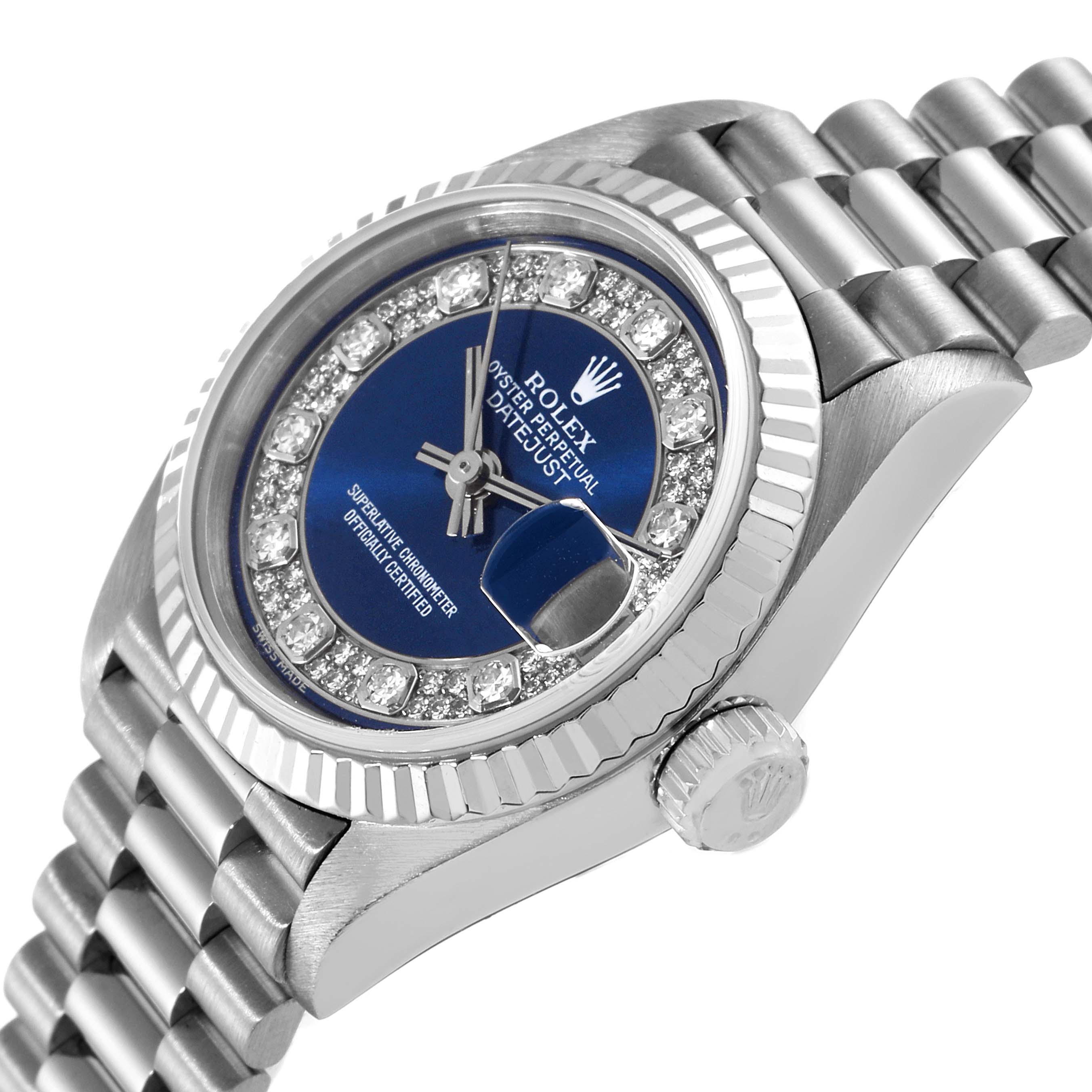 This Rolex President 69179 Women's White Gold Blue Dial 69179 Women's White Gold Blue Dial model watch is shown at an angle highlighting the face, dial, crown, and part of the bracelet.