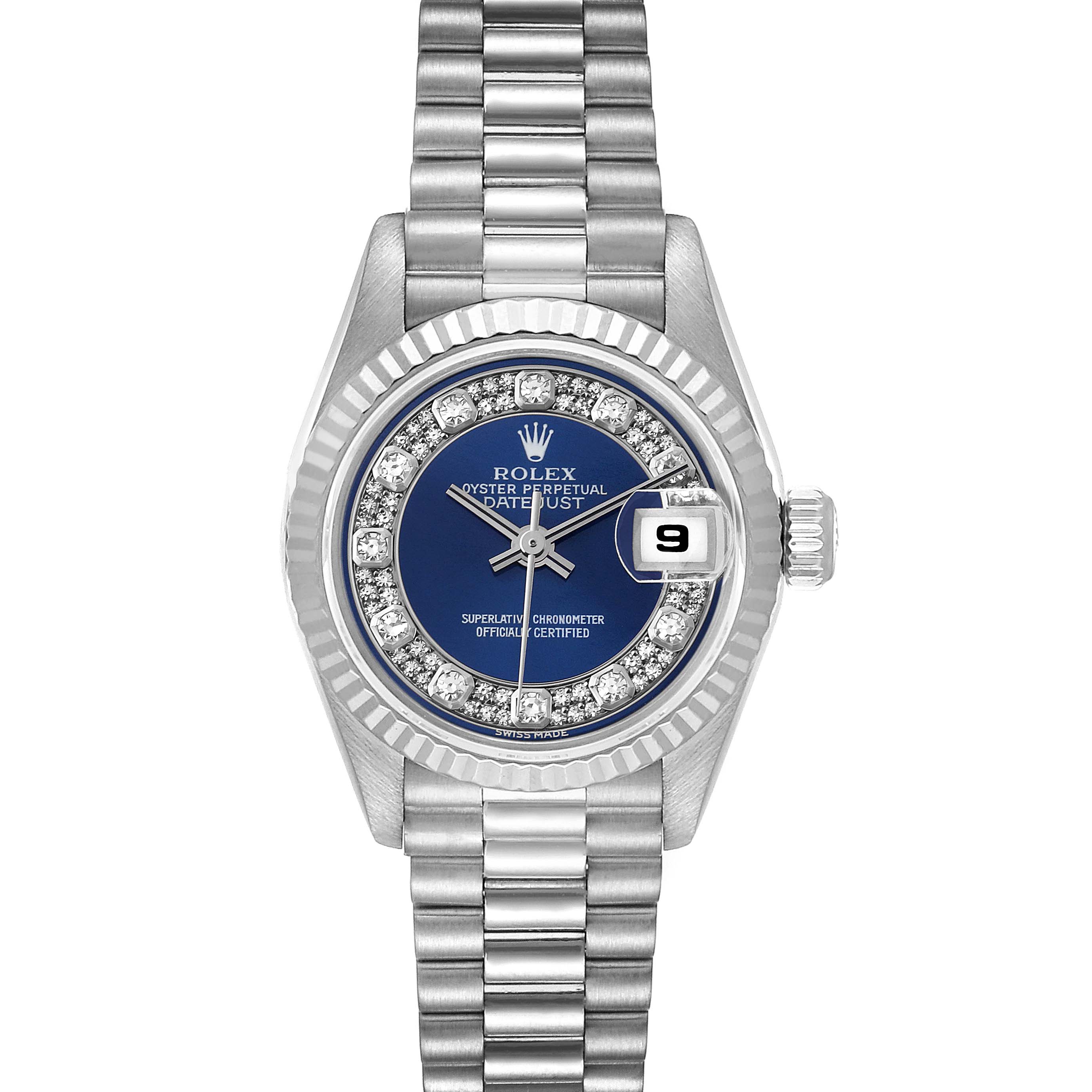 The image shows a full frontal view of a Rolex President 69179 Women's White Gold Blue Dial 69179 Women's White Gold Blue Dial model watch, displaying its dial, bezel, and bracelet.