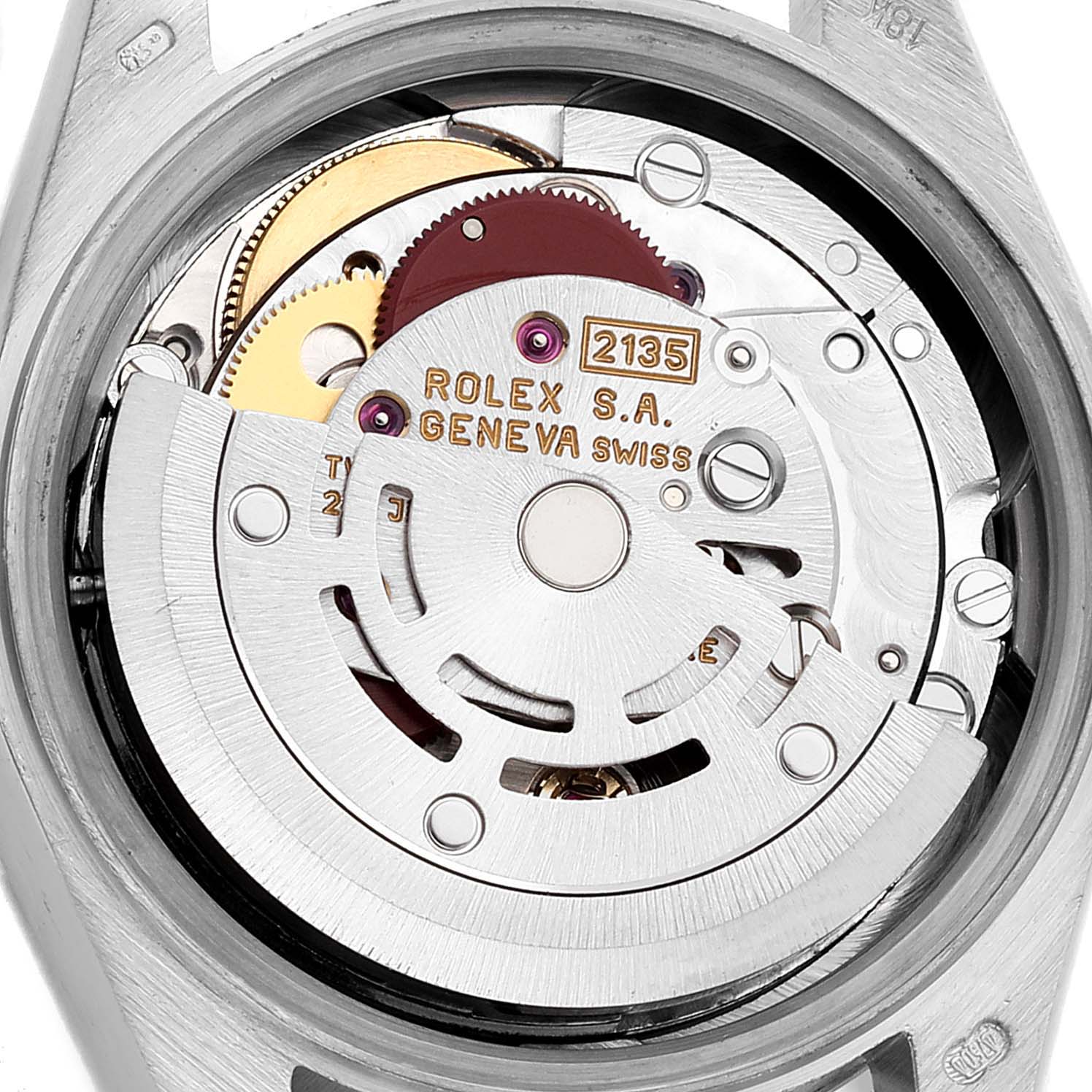 The image shows a close-up view of the movement mechanism of a Rolex President 69179 Women's White Gold Blue Dial 69179 Women's White Gold Blue Dial model watch.