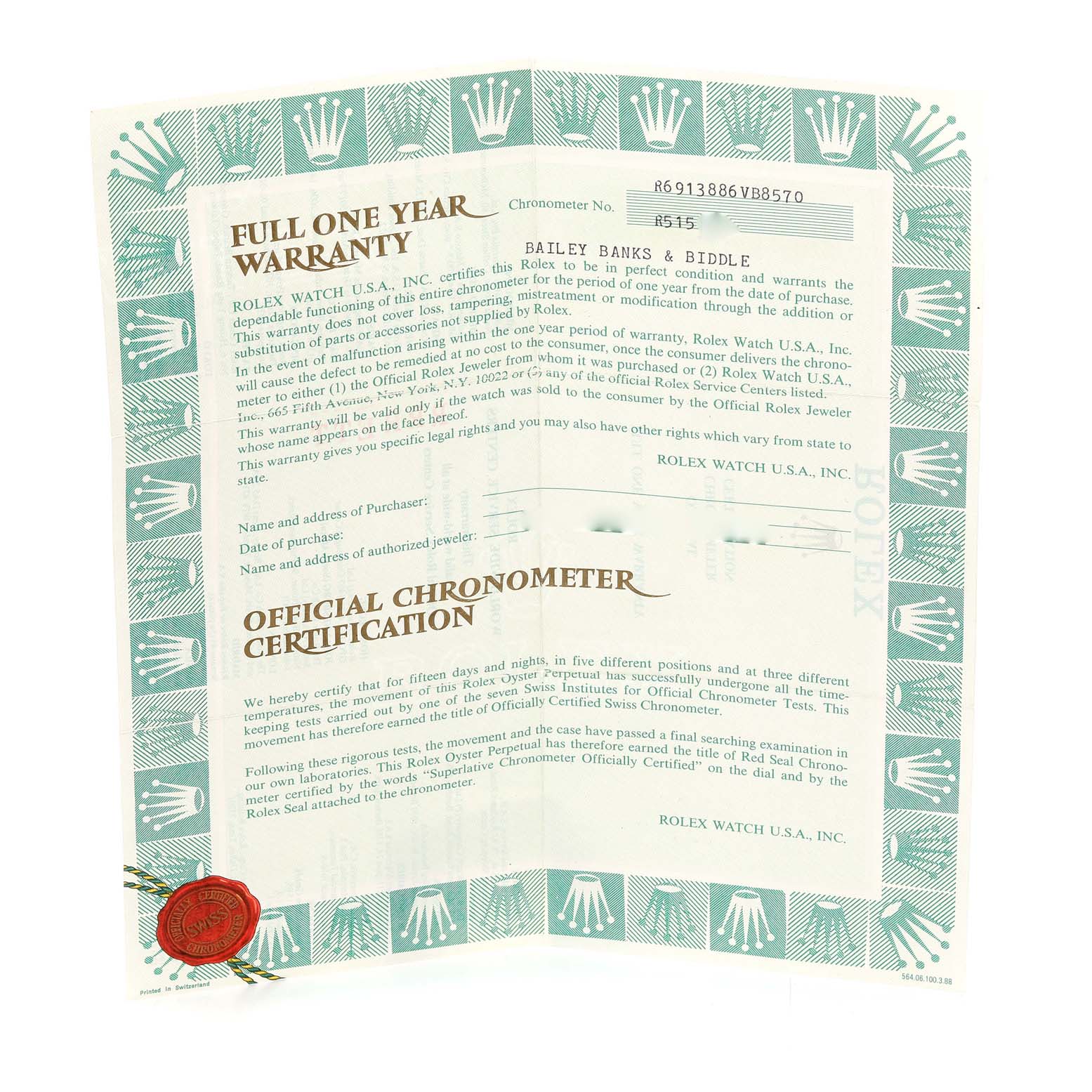 The image shows a warranty and chronometer certification document for a Rolex President 69138 Women's Yellow Gold Blue Dial 69138 Women's Yellow Gold Blue Dial model watch.