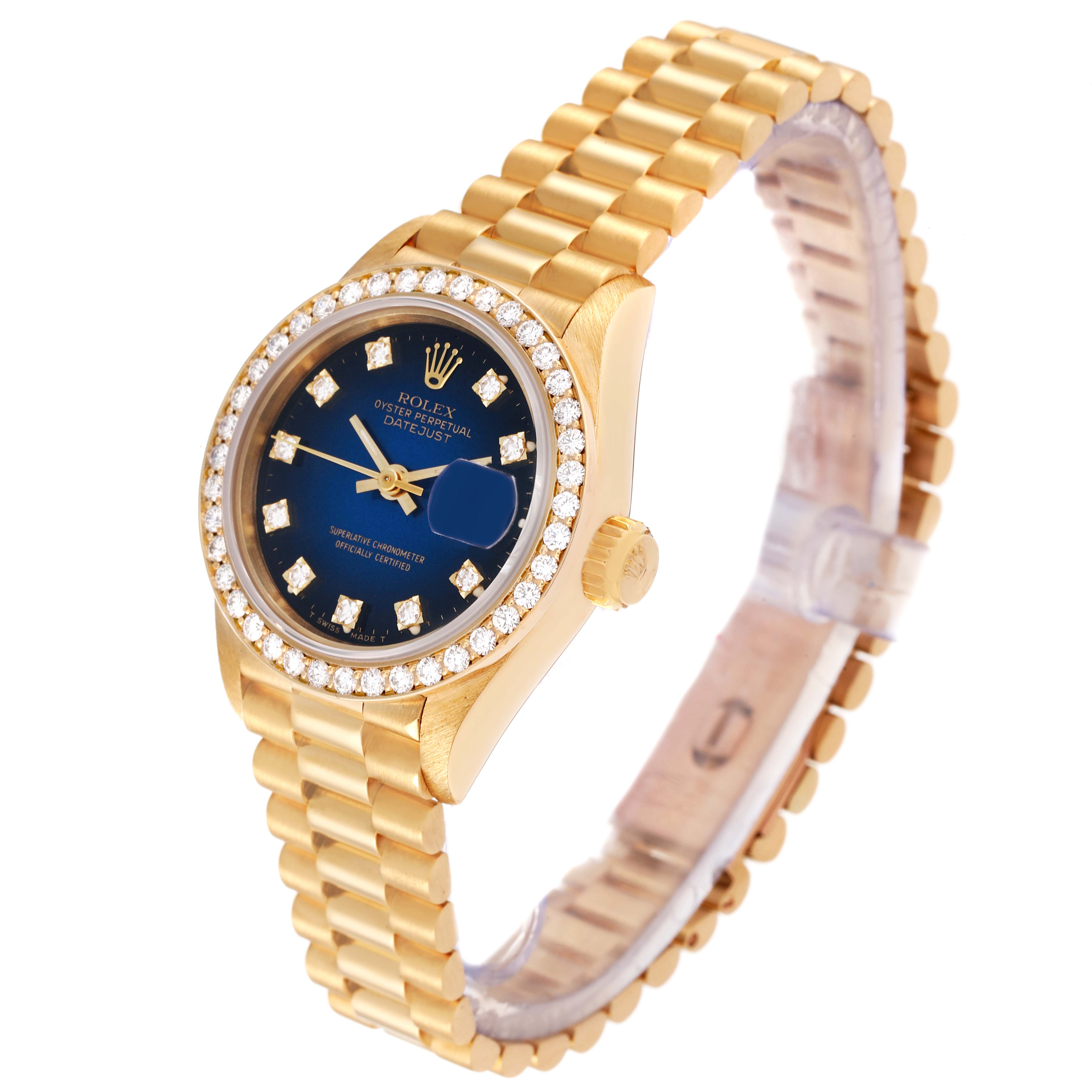 The image displays a Rolex President 69138 Women's Yellow Gold Blue Dial 69138 Women's Yellow Gold Blue Dial model watch at a slightly tilted angle, showing its face, bezel, crown, and part of the bracelet.