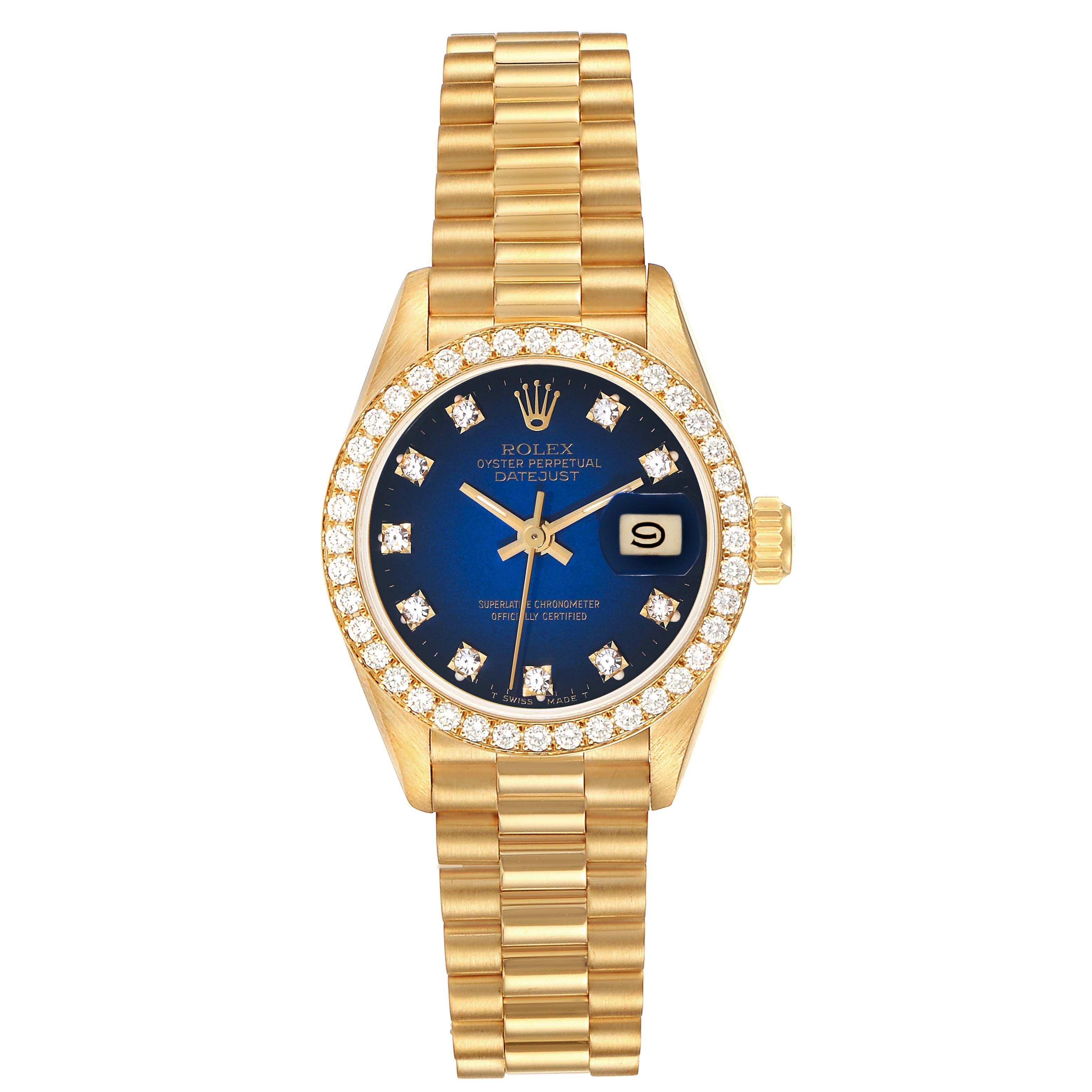 This image shows a Rolex President 69138 Women's Yellow Gold Blue Dial 69138 Women's Yellow Gold Blue Dial model watch from a front view, highlighting its gold bracelet, blue dial, and diamond bezel.