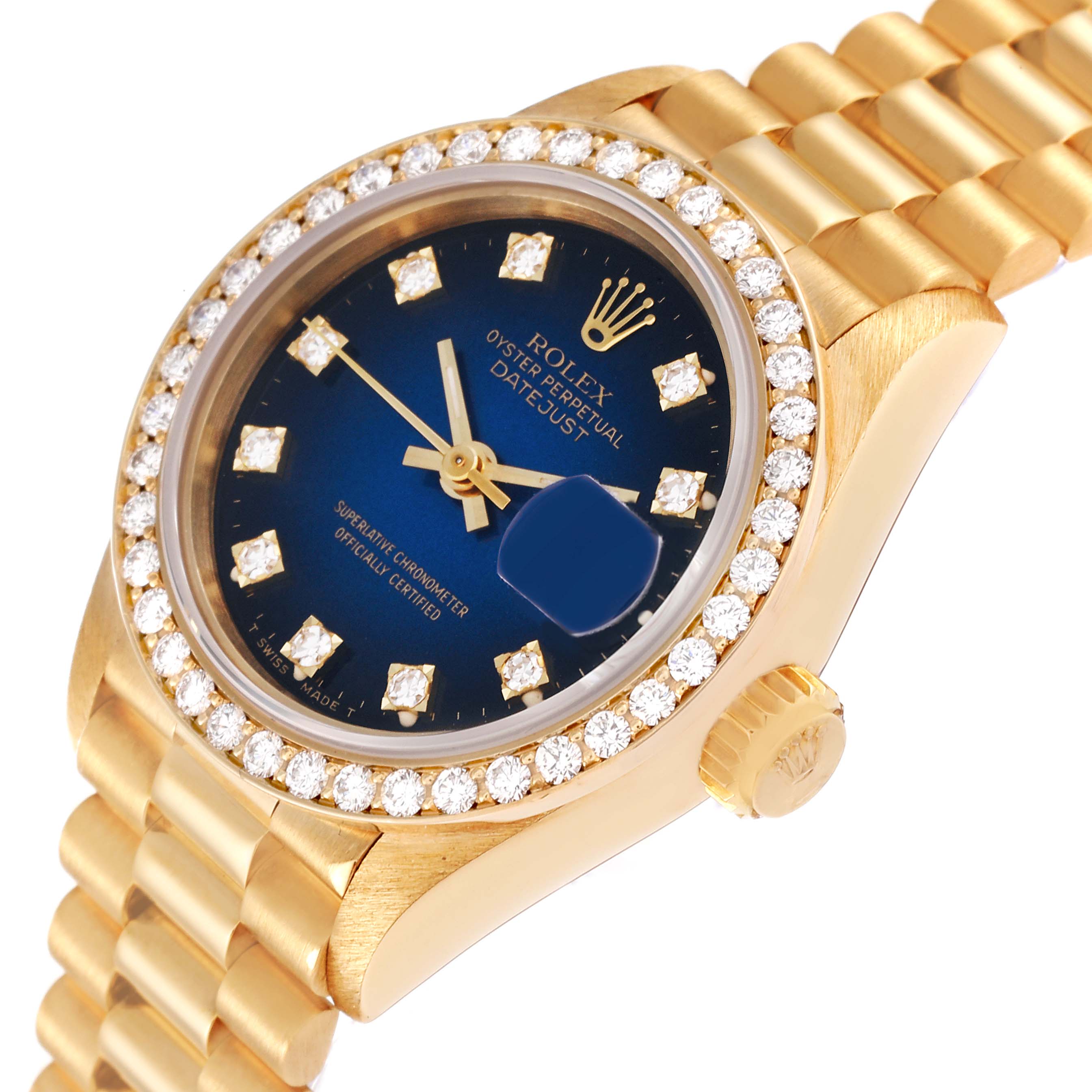 The Rolex President 69138 Women's Yellow Gold Blue Dial 69138 Women's Yellow Gold Blue Dial model watch is shown from an angled view, highlighting the face, crown, and bracelet.