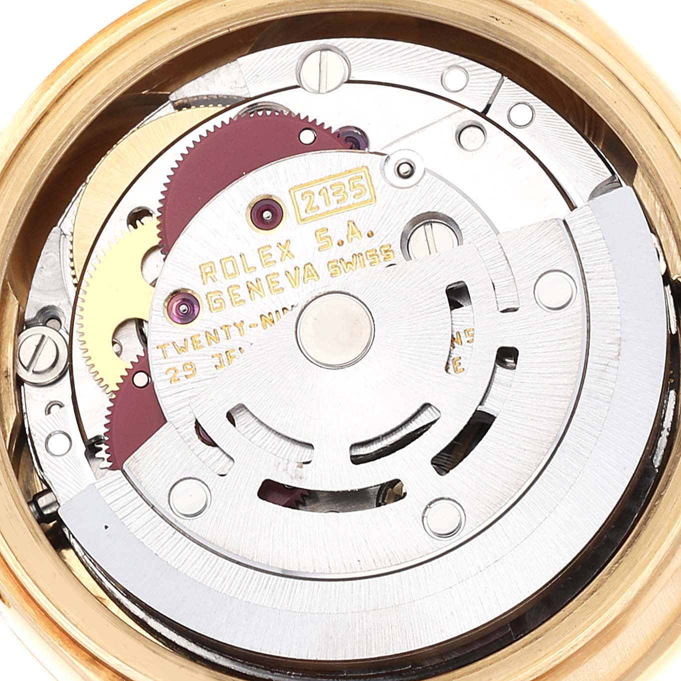 The image shows the internal mechanism or movement of the Rolex President 69138 Women's Yellow Gold Blue Dial 69138 Women's Yellow Gold Blue Dial model watch, viewed from the back.