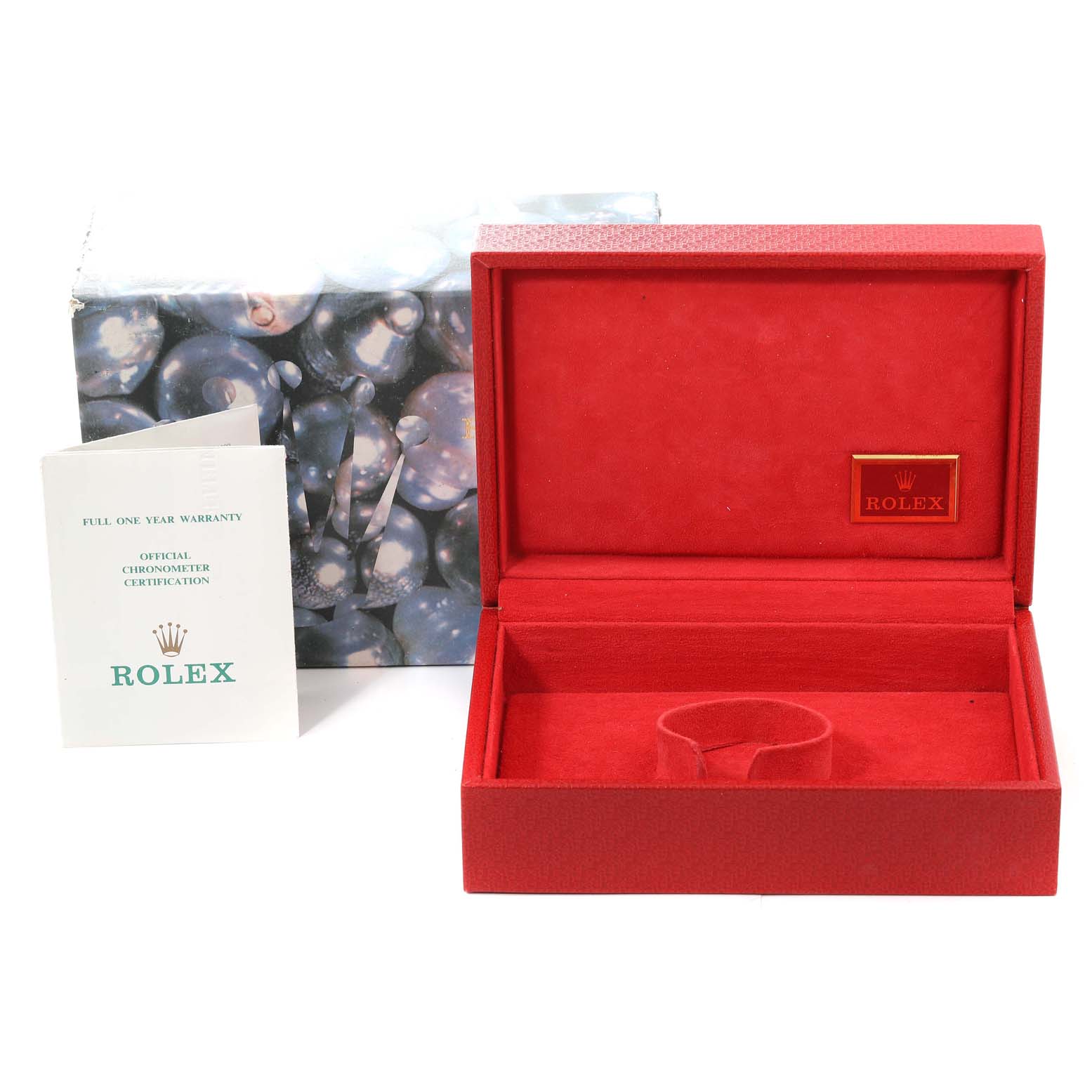 The image shows a Rolex President 69138 Women's Yellow Gold Blue Dial 69138 Women's Yellow Gold Blue Dial model watch box at an angled view, with the box open along with its warranty and certification booklet.