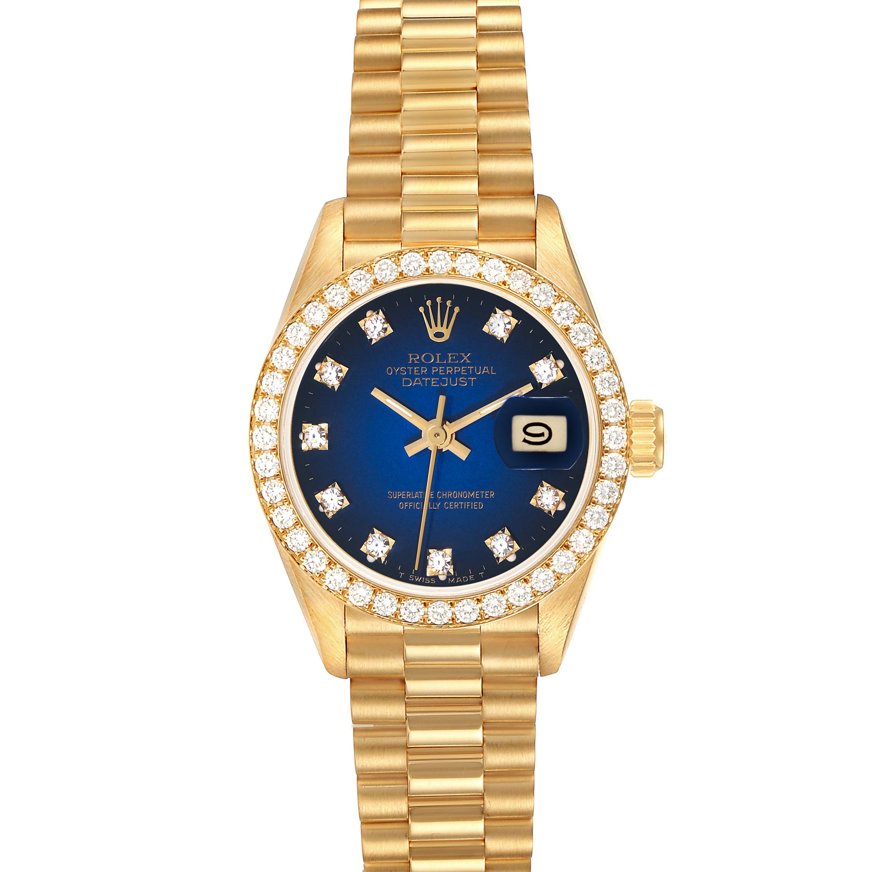 The Rolex President 69138 Women's Yellow Gold Blue Dial 69138 Women's Yellow Gold Blue Dial model is shown from the front, displaying its blue dial, date window, and gold bracelet with a diamond bezel.