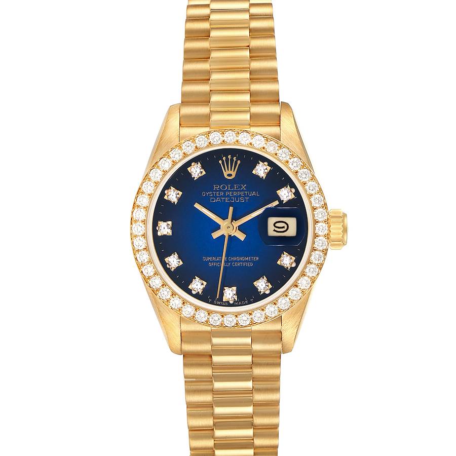 Rolex President Yellow Gold Blue Vignette Diamond Ladies Watch 69138 Box Papers SwissWatchExpo