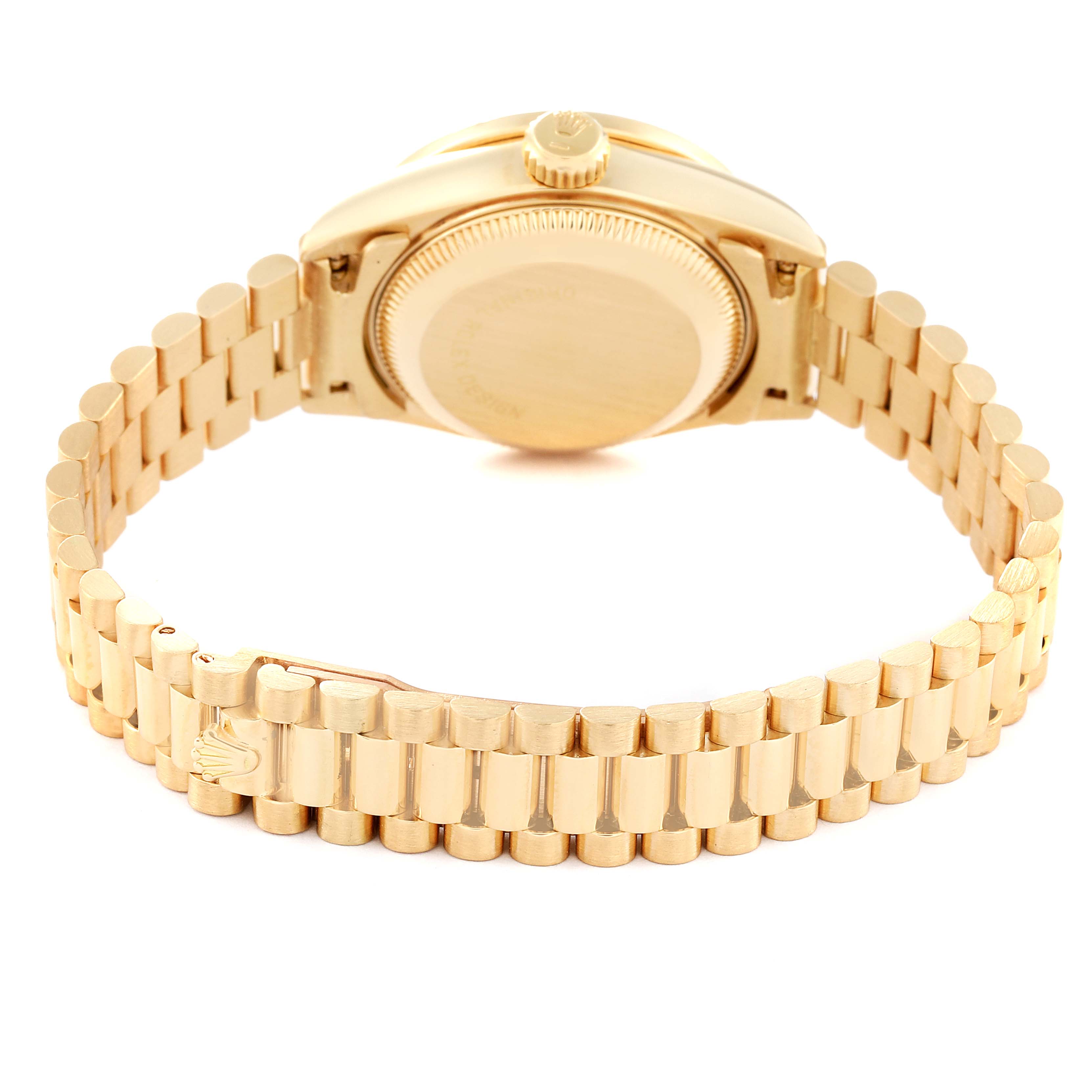 The image shows the back view of a Rolex President 69138 Women's Yellow Gold Blue Dial 69138 Women's Yellow Gold Blue Dial model watch, focusing on the case back and gold bracelet.