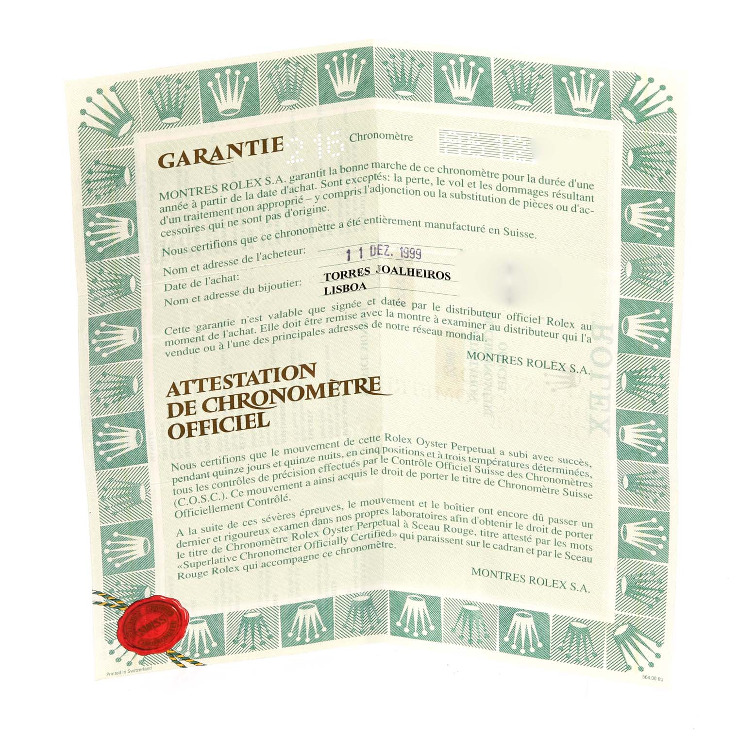 This image shows the warranty and official chronometer certification document for the Rolex Sea-Dweller 16600 Men
s Stainless Steel Black Dial 16600 Men
s Stainless Steel Black Dial model.