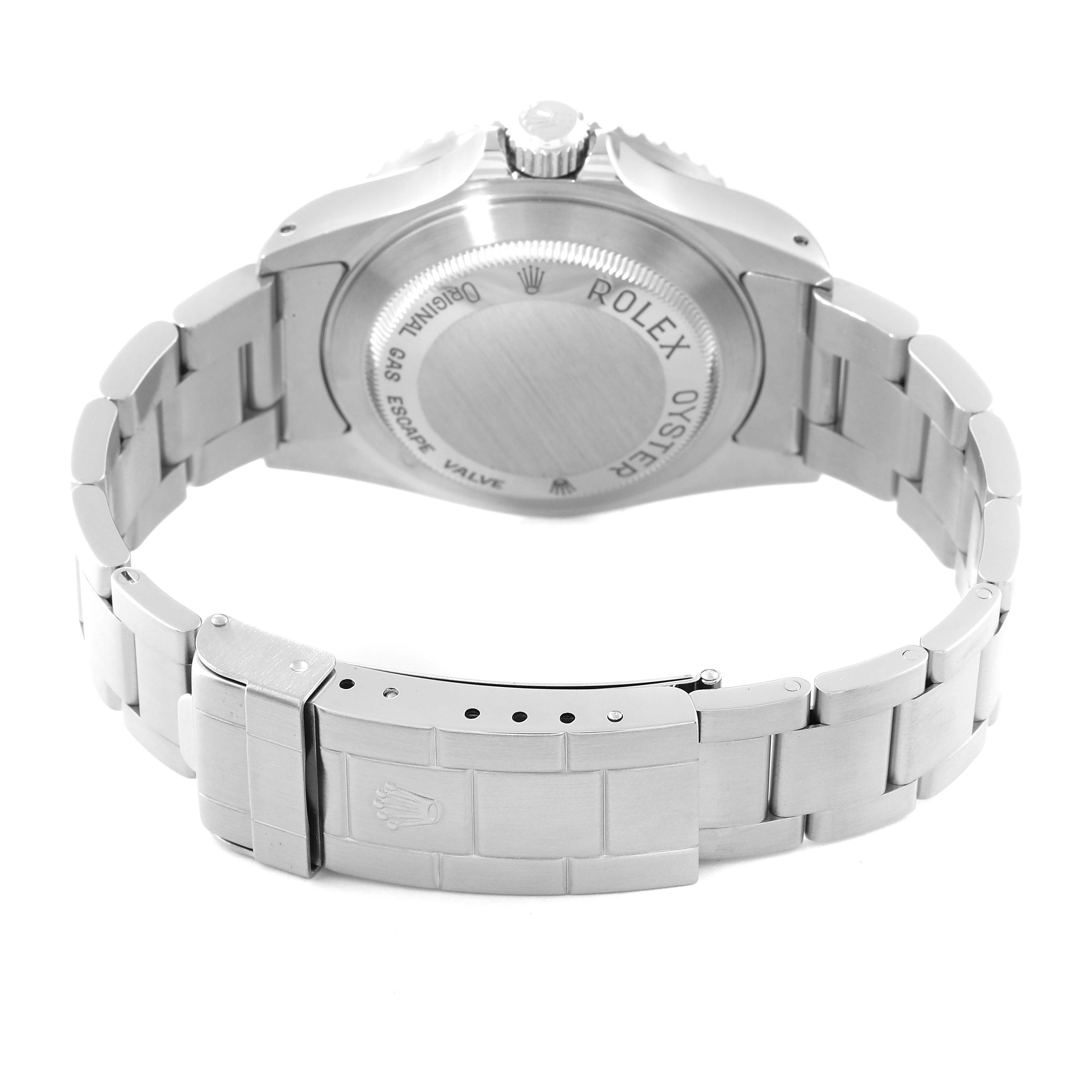 The image shows the back view of a Rolex Sea-Dweller 16600 Men
s Stainless Steel Black Dial 16600 Men
s Stainless Steel Black Dial watch, including its case back and bracelet.