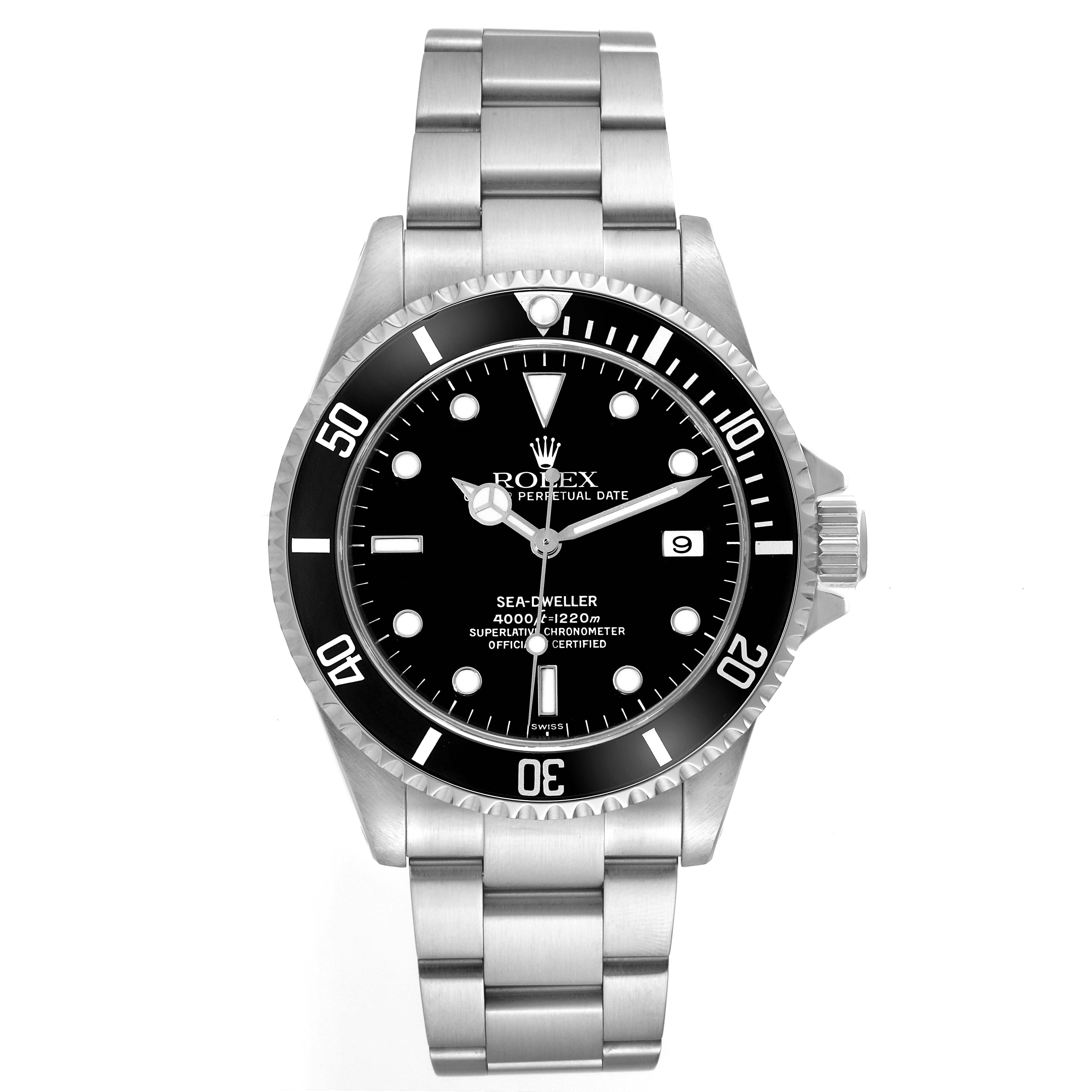 The image shows a front view of a Rolex Sea-Dweller 16600 Men
s Stainless Steel Black Dial 16600 Men
s Stainless Steel Black Dial watch, displaying the face, bezel, and bracelet.