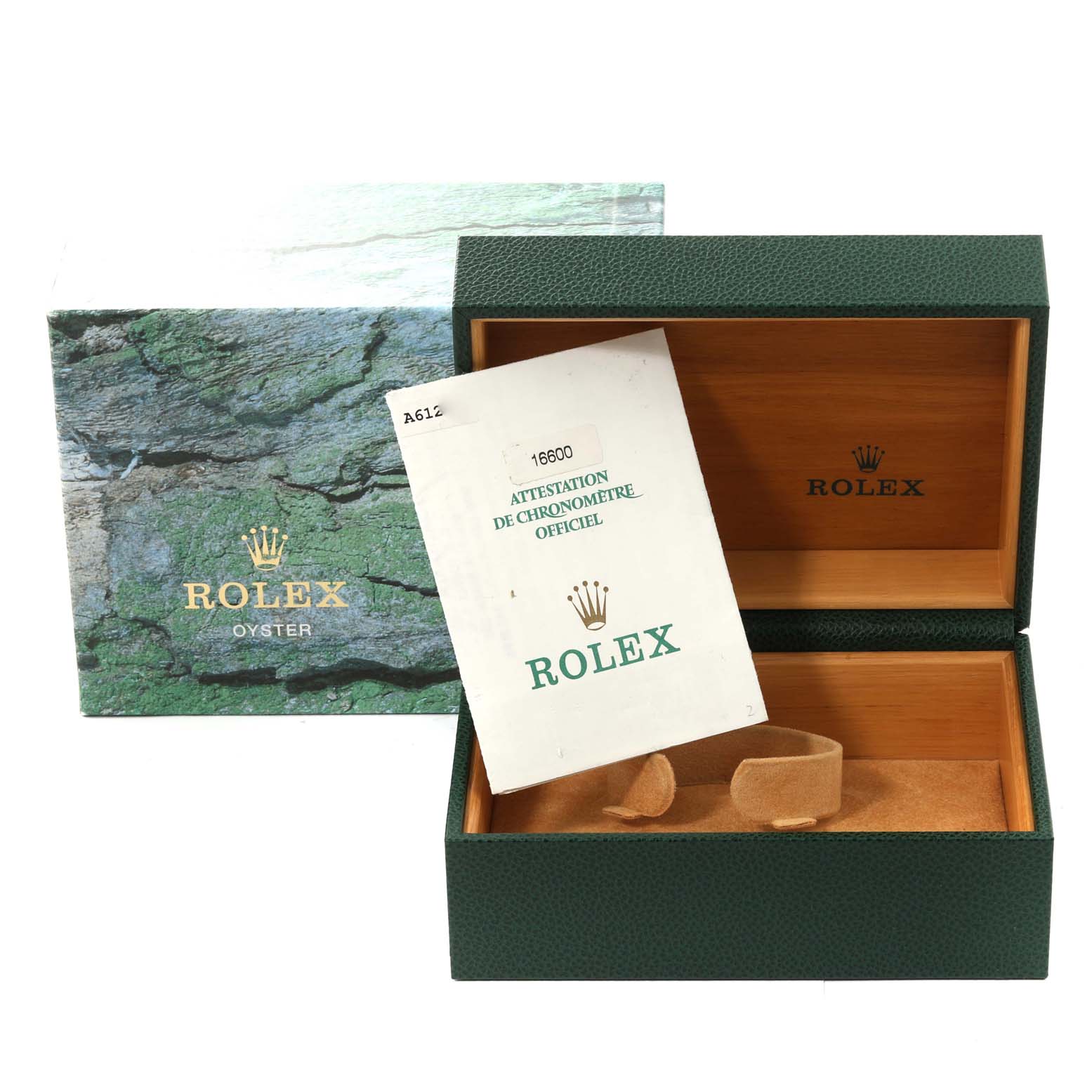 This image shows the packaging, box, and certificate for a Rolex Sea-Dweller 16600 Men
s Stainless Steel Black Dial 16600 Men
s Stainless Steel Black Dial model.