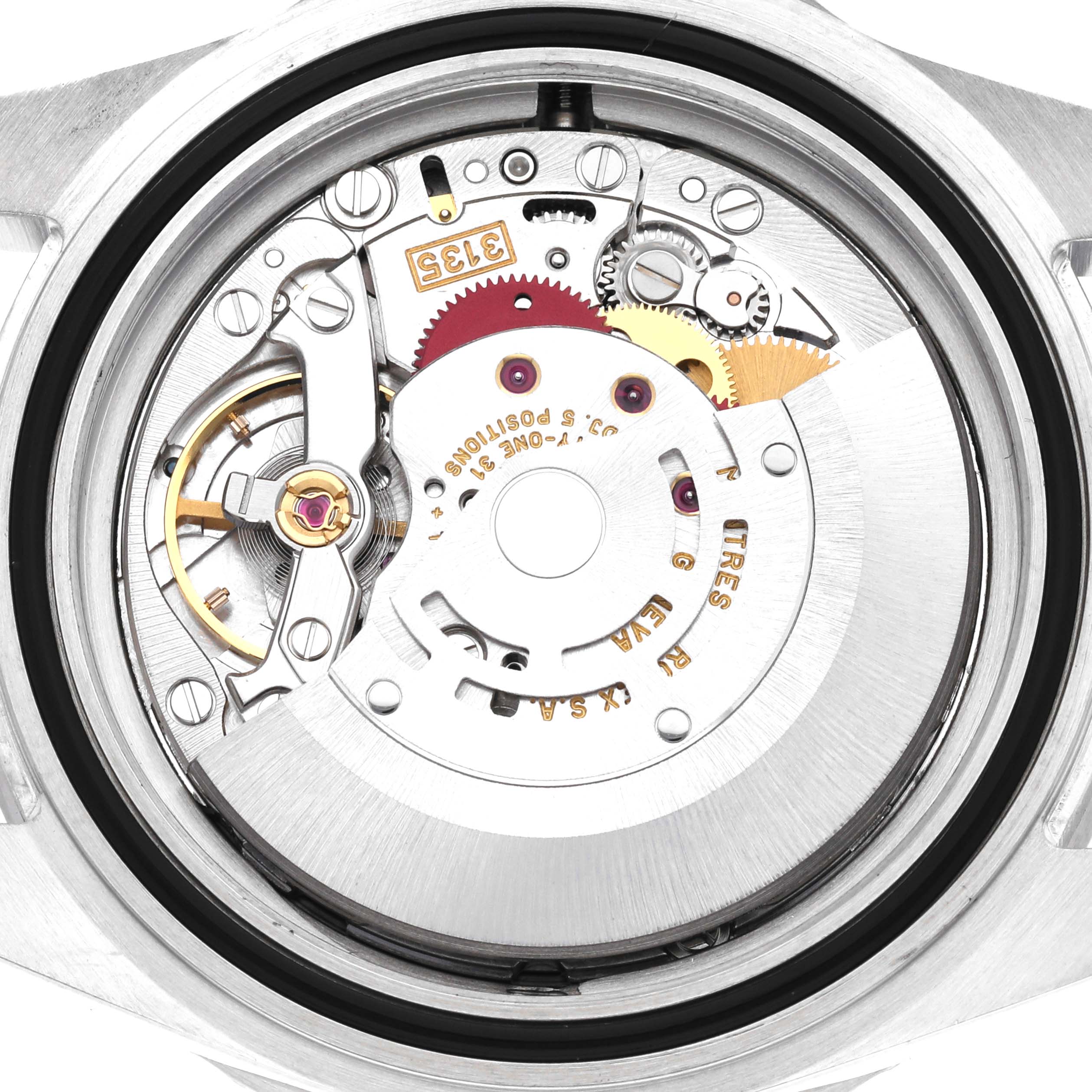 The image shows the back view of the Rolex Sea-Dweller 16600 Men
s Stainless Steel Black Dial 16600 Men
s Stainless Steel Black Dial watch, highlighting its internal mechanical movement components.