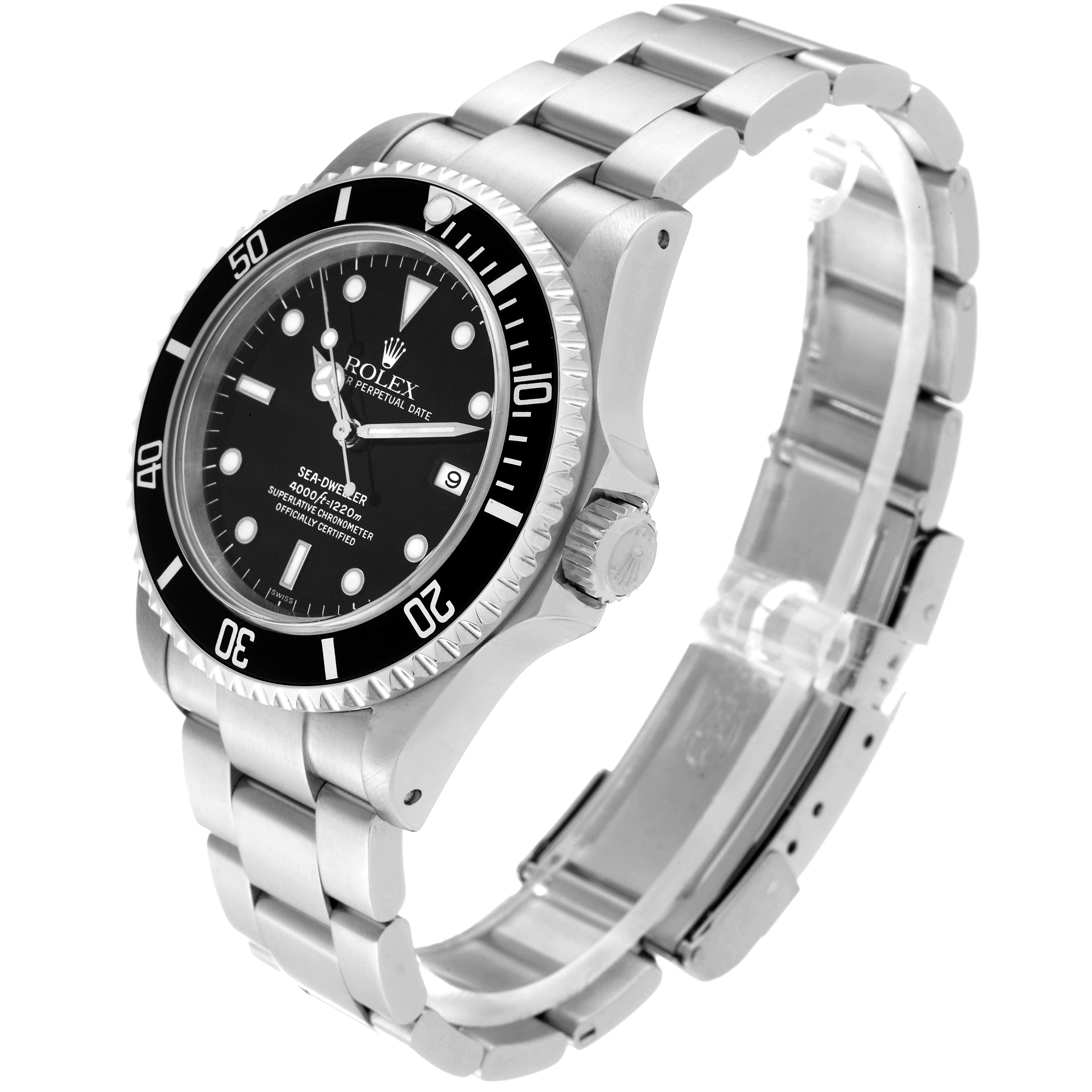 The image shows a Rolex Sea-Dweller 16600 Men
s Stainless Steel Black Dial 16600 Men
s Stainless Steel Black Dial watch at a three-quarter angle, highlighting the bracelet, case, bezel, and dial.
