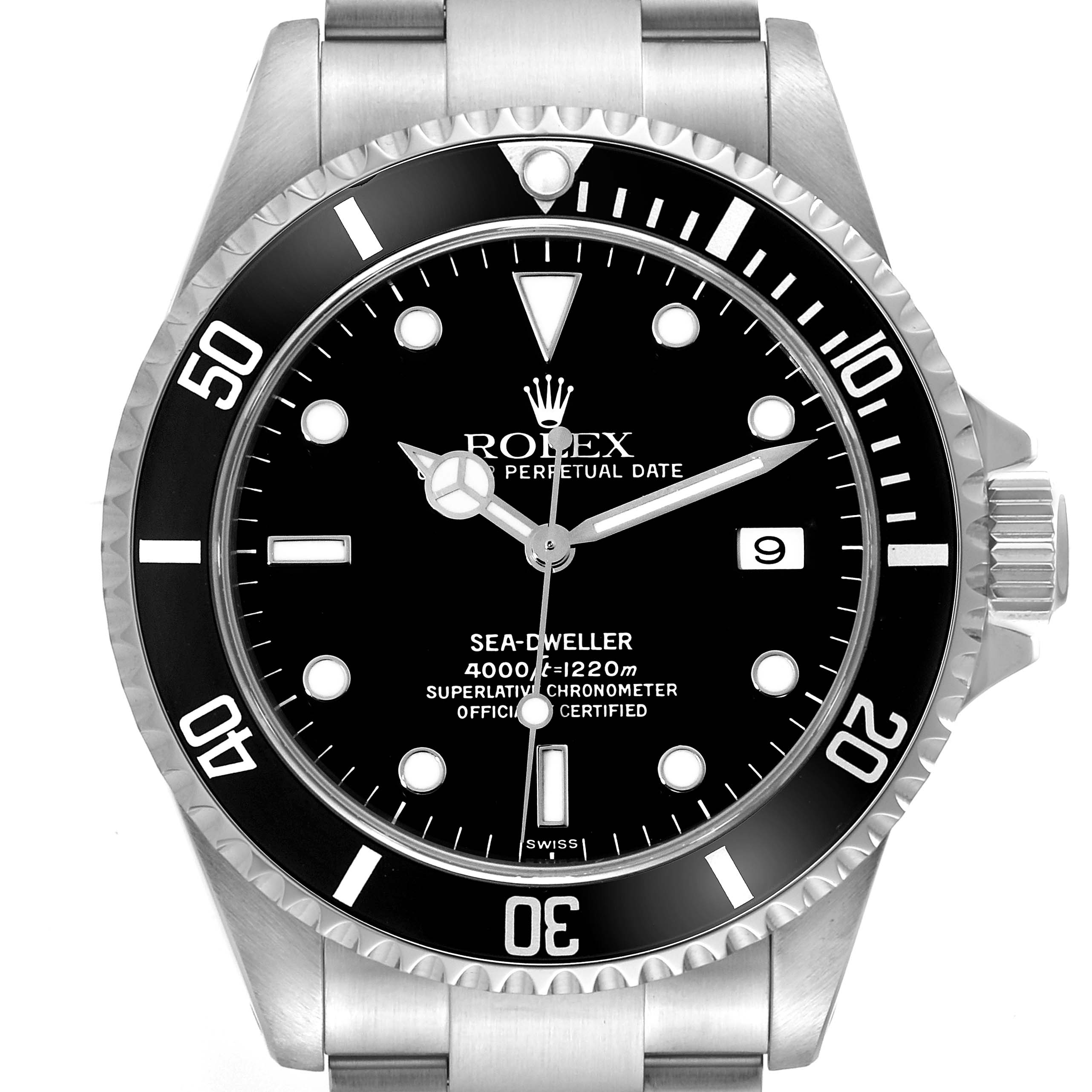 The image shows a frontal view of the Rolex Sea-Dweller 16600 Men
s Stainless Steel Black Dial 16600 Men
s Stainless Steel Black Dial watch, displaying the dial, bezel, and part of the bracelet.