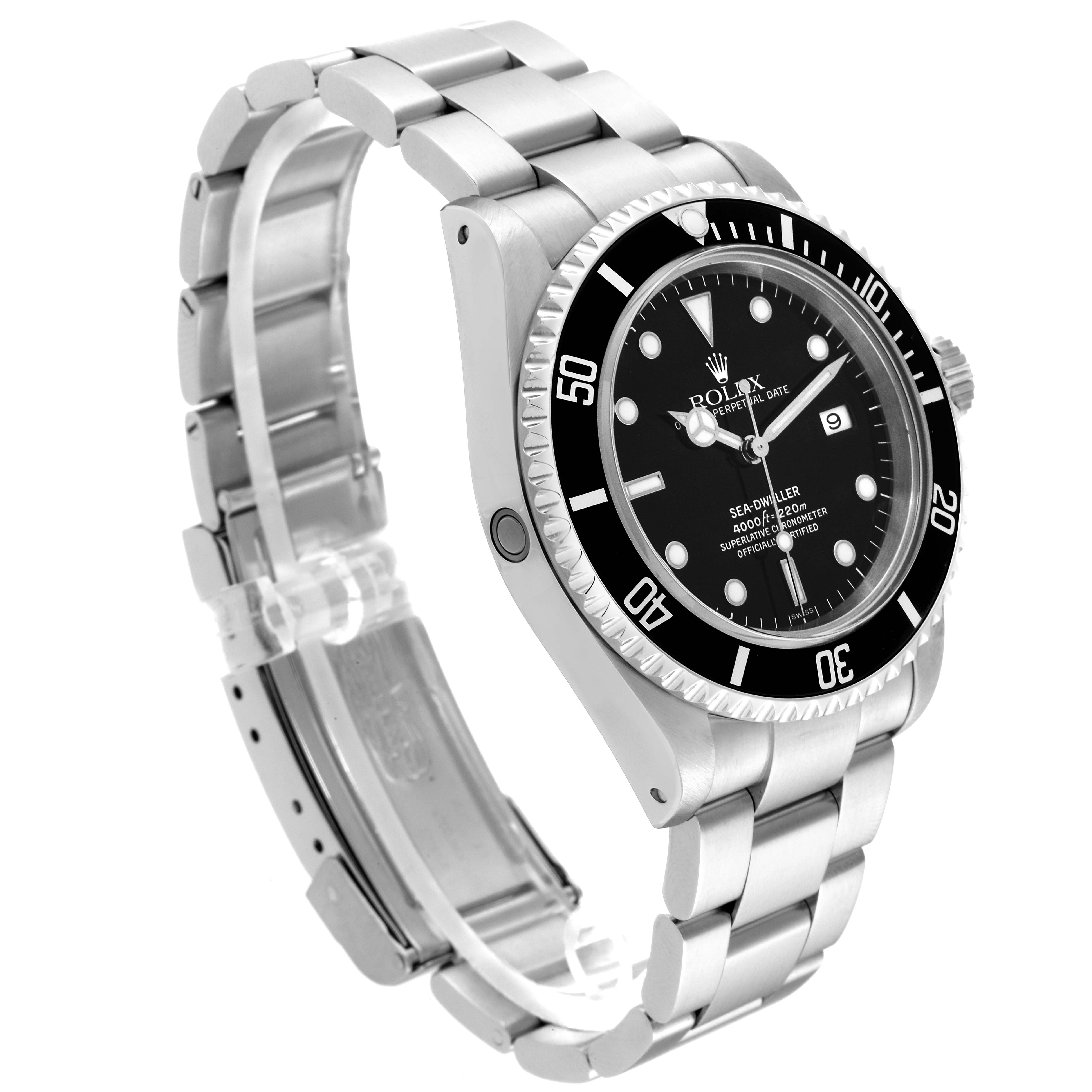 The image shows a side angle of the Rolex Sea-Dweller 16600 Men
s Stainless Steel Black Dial 16600 Men
s Stainless Steel Black Dial watch, highlighting its stainless steel bracelet, bezel, and dial.