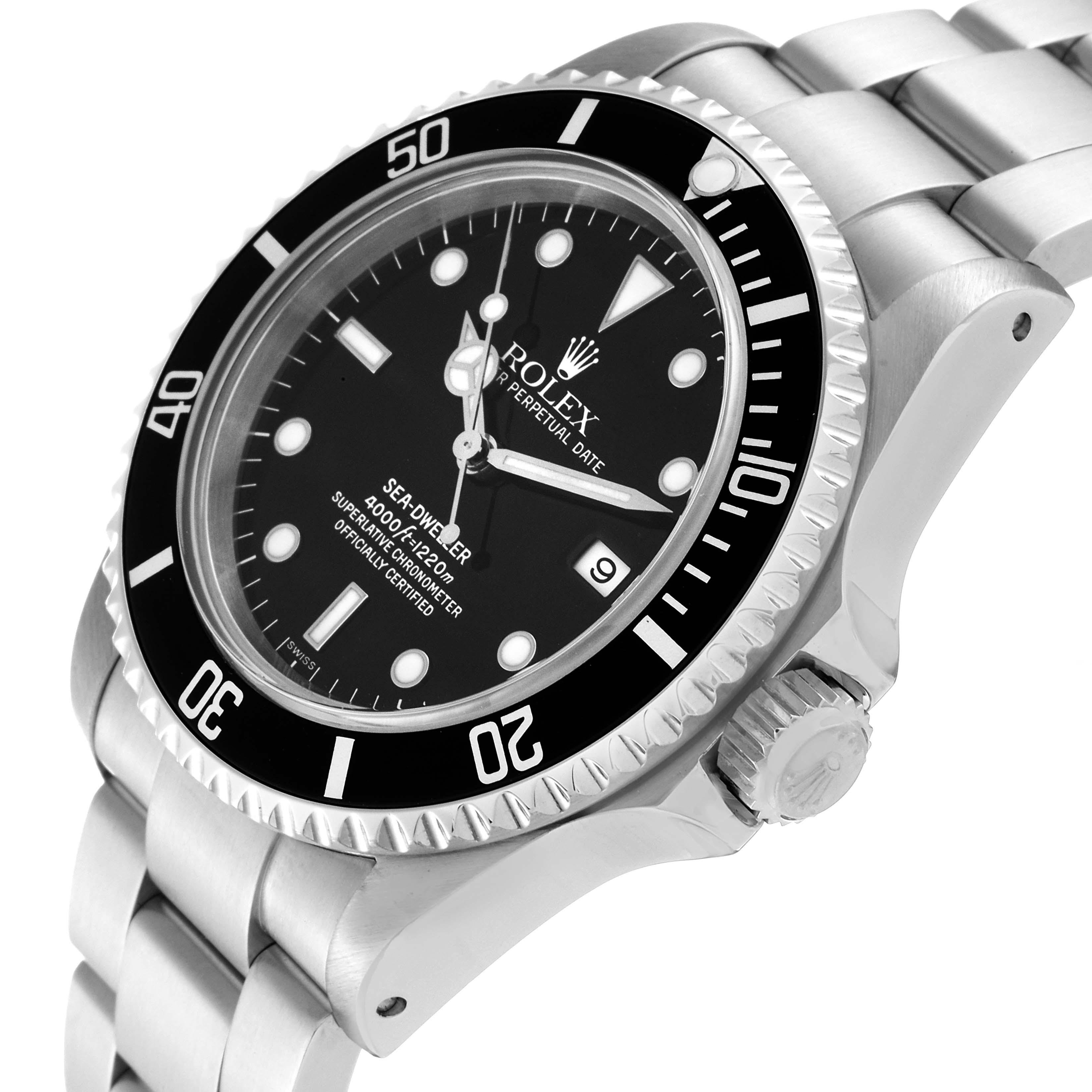 The image shows a Rolex Sea-Dweller 16600 Men
s Stainless Steel Black Dial 16600 Men
s Stainless Steel Black Dial watch at a slight angle, highlighting the bezel, dial, bracelet, and crown.
