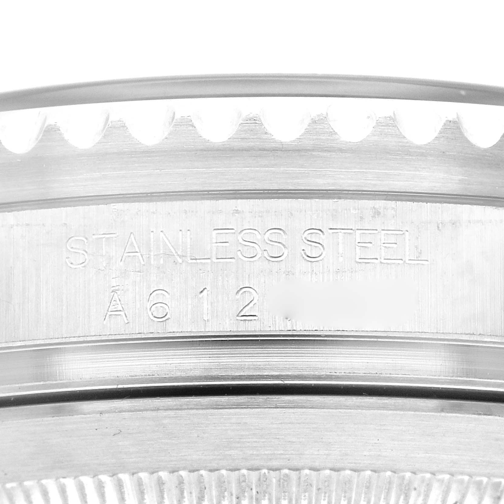 This image shows a close-up of the stainless steel case back engraving of a Rolex Sea-Dweller 16600 Men
s Stainless Steel Black Dial 16600 Men
s Stainless Steel Black Dial watch.