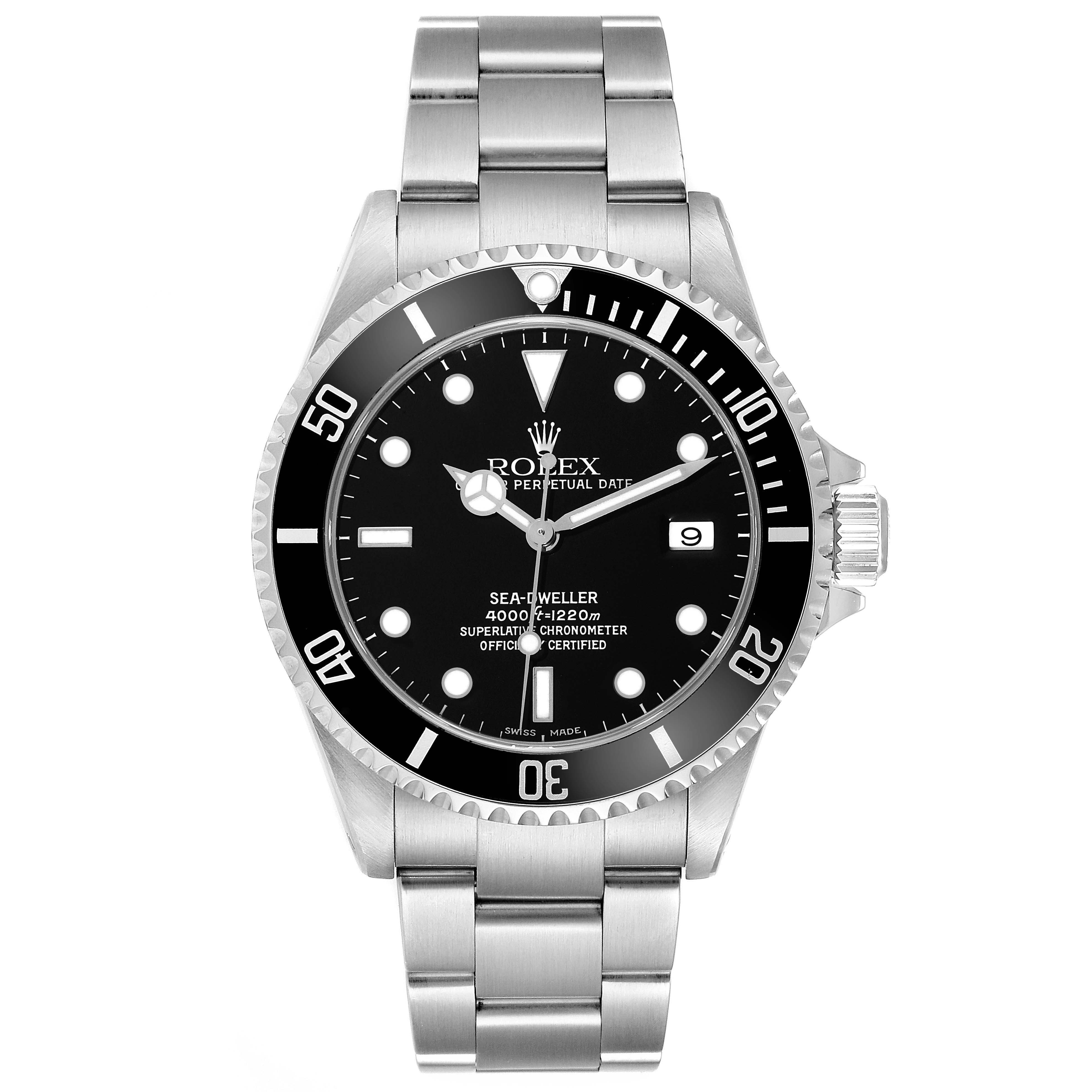 The image shows a front view of the Rolex Sea-Dweller 16600 Men
s Stainless Steel Black Dial 16600 Men
s Stainless Steel Black Dial watch, highlighting the dial, bezel, and stainless steel bracelet.