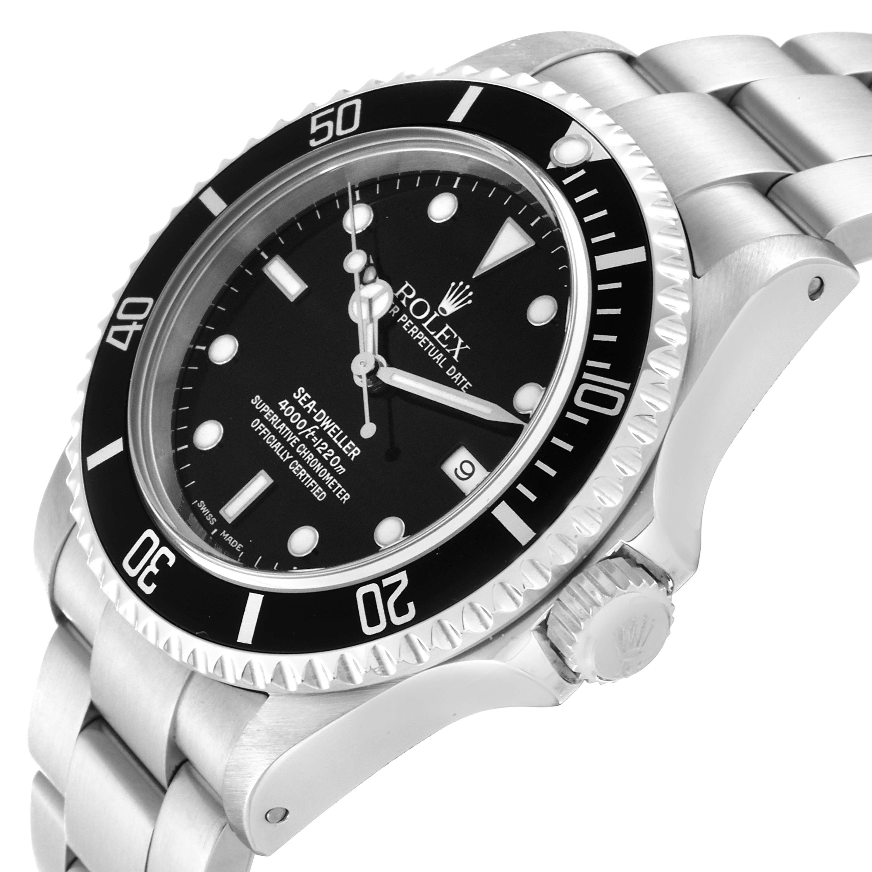 The Rolex Sea-Dweller 16600 Men
s Stainless Steel Black Dial 16600 Men
s Stainless Steel Black Dial watch is shown at an angled side view, displaying the face, bezel, crown, and part of the bracelet.