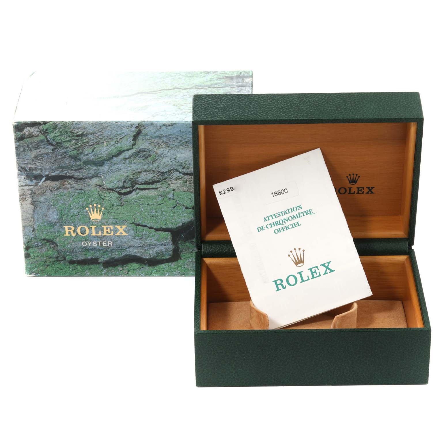 The image shows the box and certificate for a Rolex Sea-Dweller 16600 Men
s Stainless Steel Black Dial 16600 Men
s Stainless Steel Black Dial watch, with the box opened to reveal its interior.