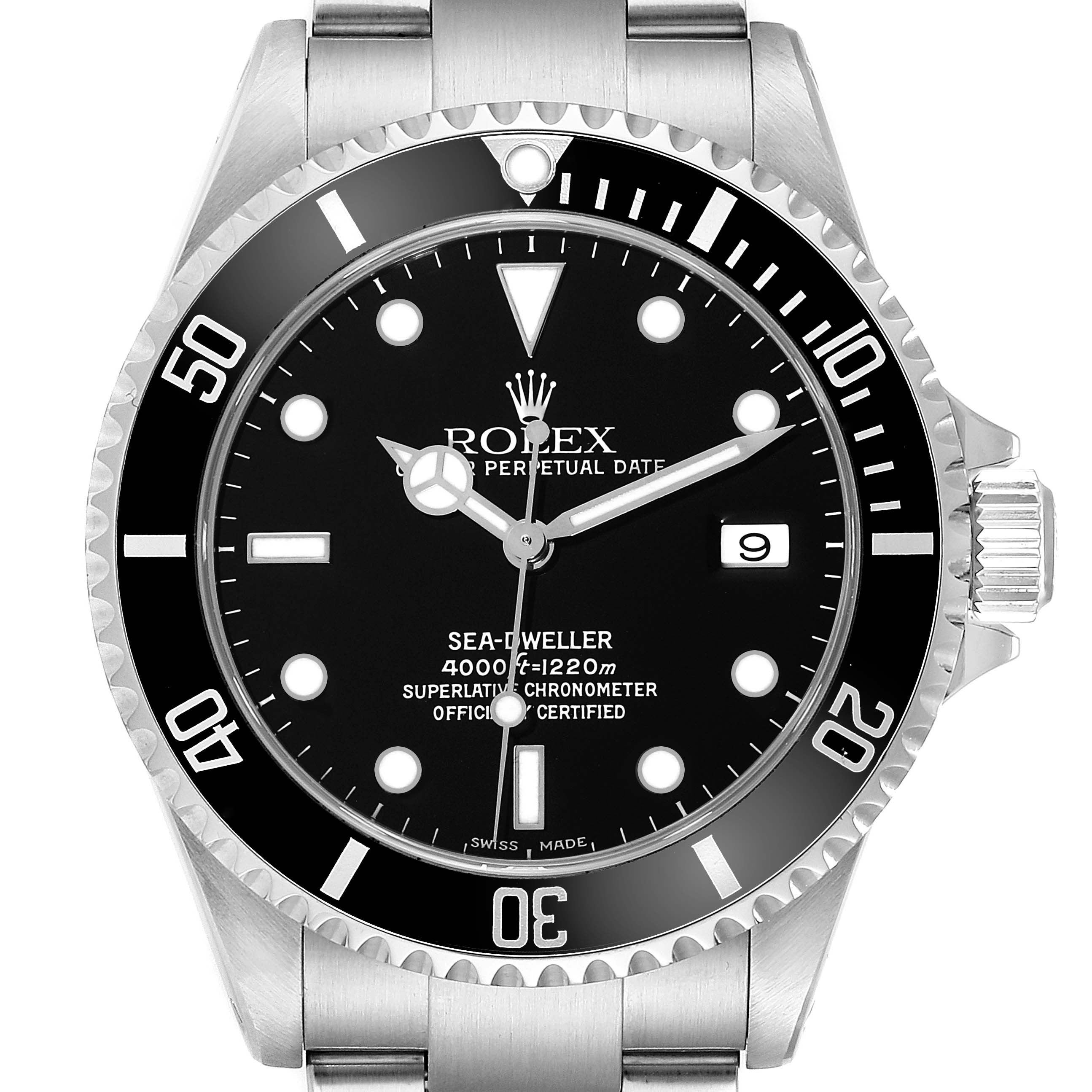 The Rolex Sea-Dweller 16600 Men
s Stainless Steel Black Dial 16600 Men
s Stainless Steel Black Dial watch is shown from the front, displaying its bezel, dial, hands, markers, and date window.