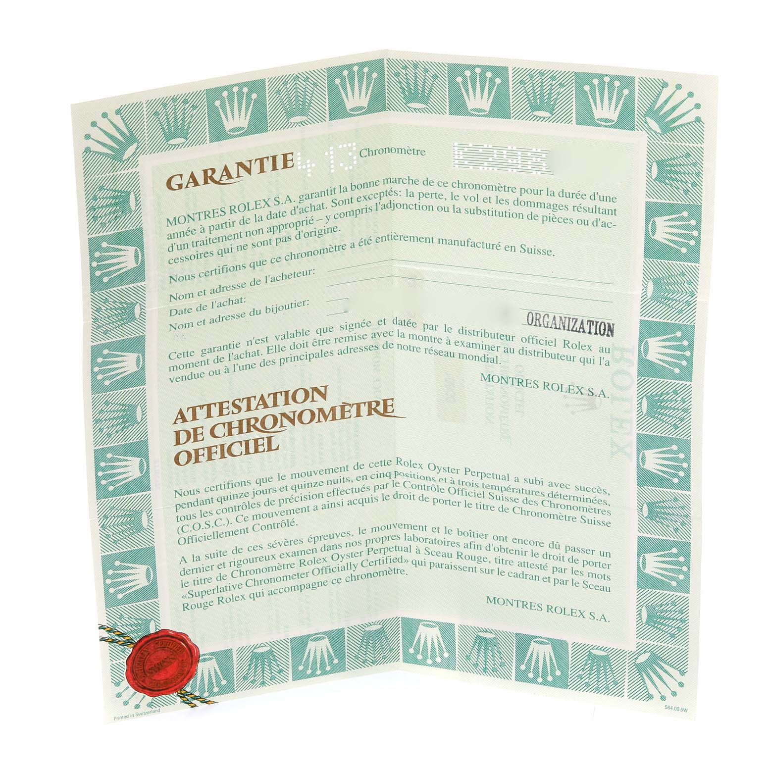 This image shows a warranty and certification document for the Rolex Sea-Dweller 16600 Men
s Stainless Steel Black Dial 16600 Men
s Stainless Steel Black Dial model, featuring official text and a red seal.