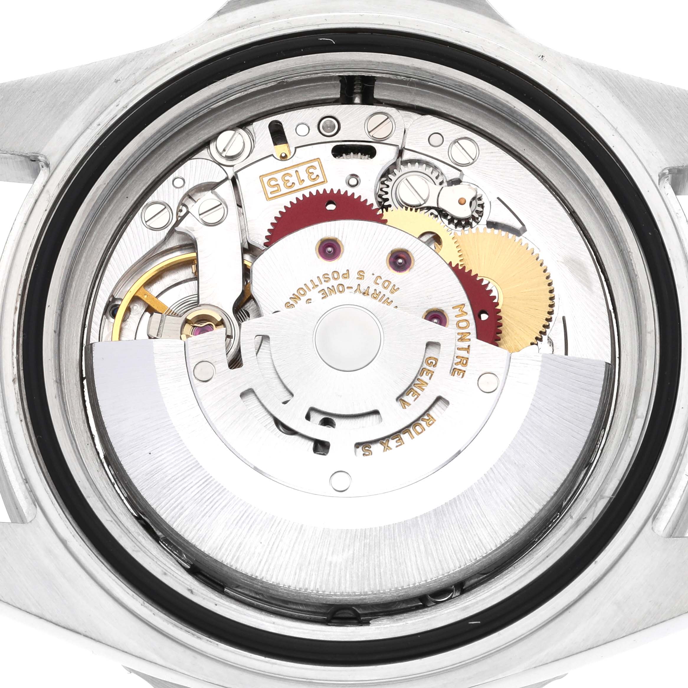 The image shows a close-up of the movement mechanism of a Rolex Sea-Dweller 16600 Men
s Stainless Steel Black Dial 16600 Men
s Stainless Steel Black Dial watch from a rear angle.