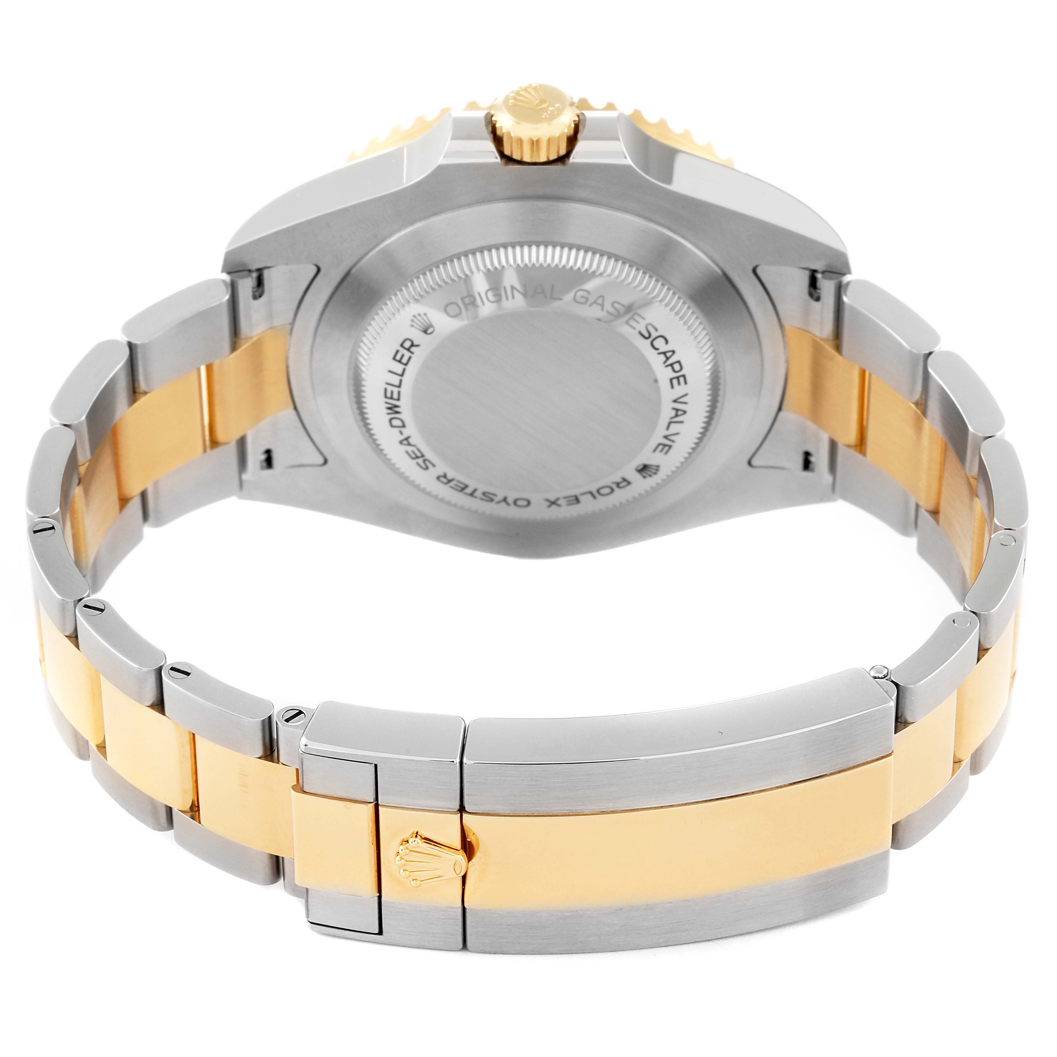 This image shows the back and bracelet of the Rolex Sea-Dweller 126603 Men
s Steel and Gold (two tone) Black Dial 126603 Men
s Steel and Gold (two tone) Black Dial watch, featuring a two-tone metal design.