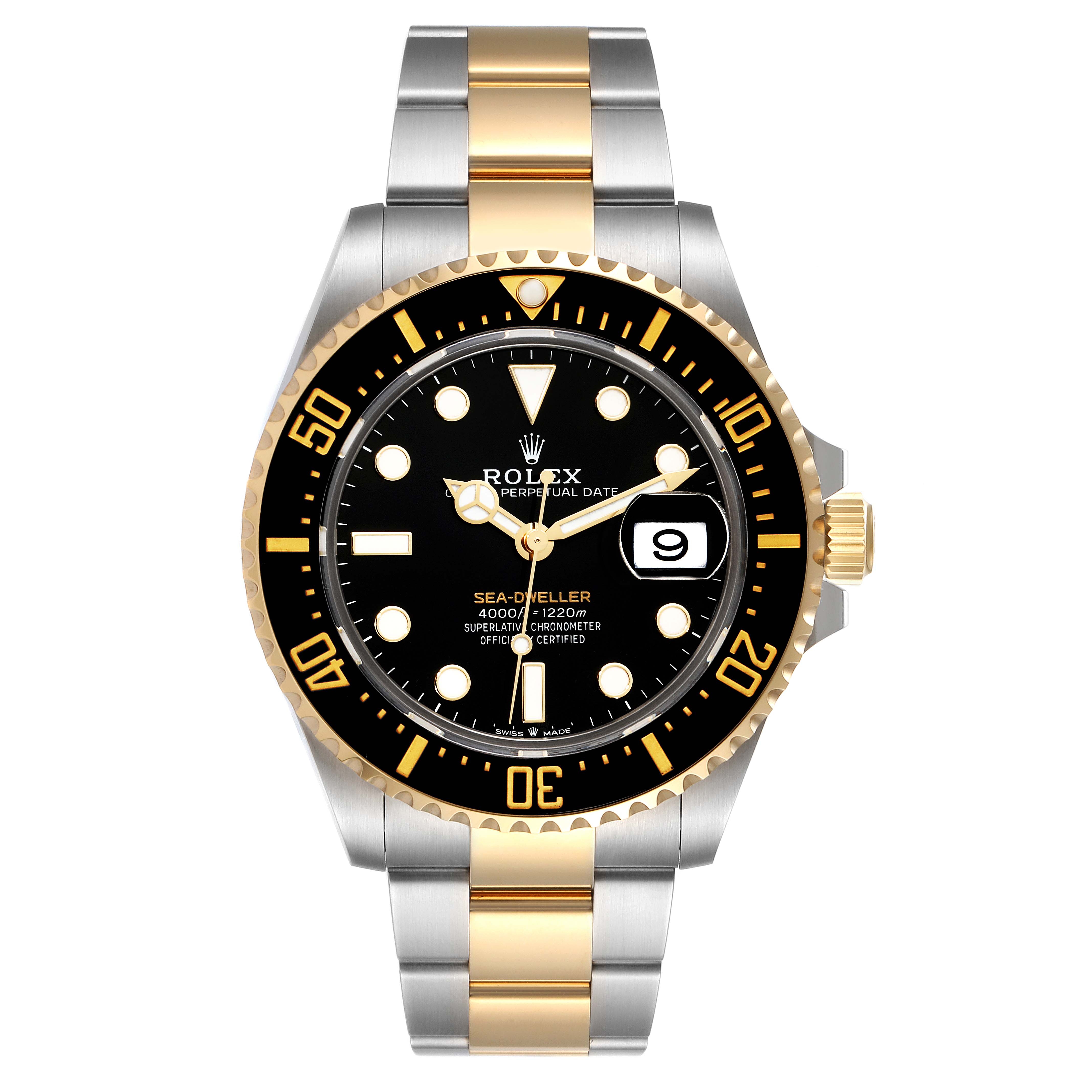 The image shows a front view of the Rolex Sea-Dweller 126603 Men
s Steel and Gold (two tone) Black Dial 126603 Men
s Steel and Gold (two tone) Black Dial watch, highlighting its black dial, gold accents, and two-tone metal bracelet.