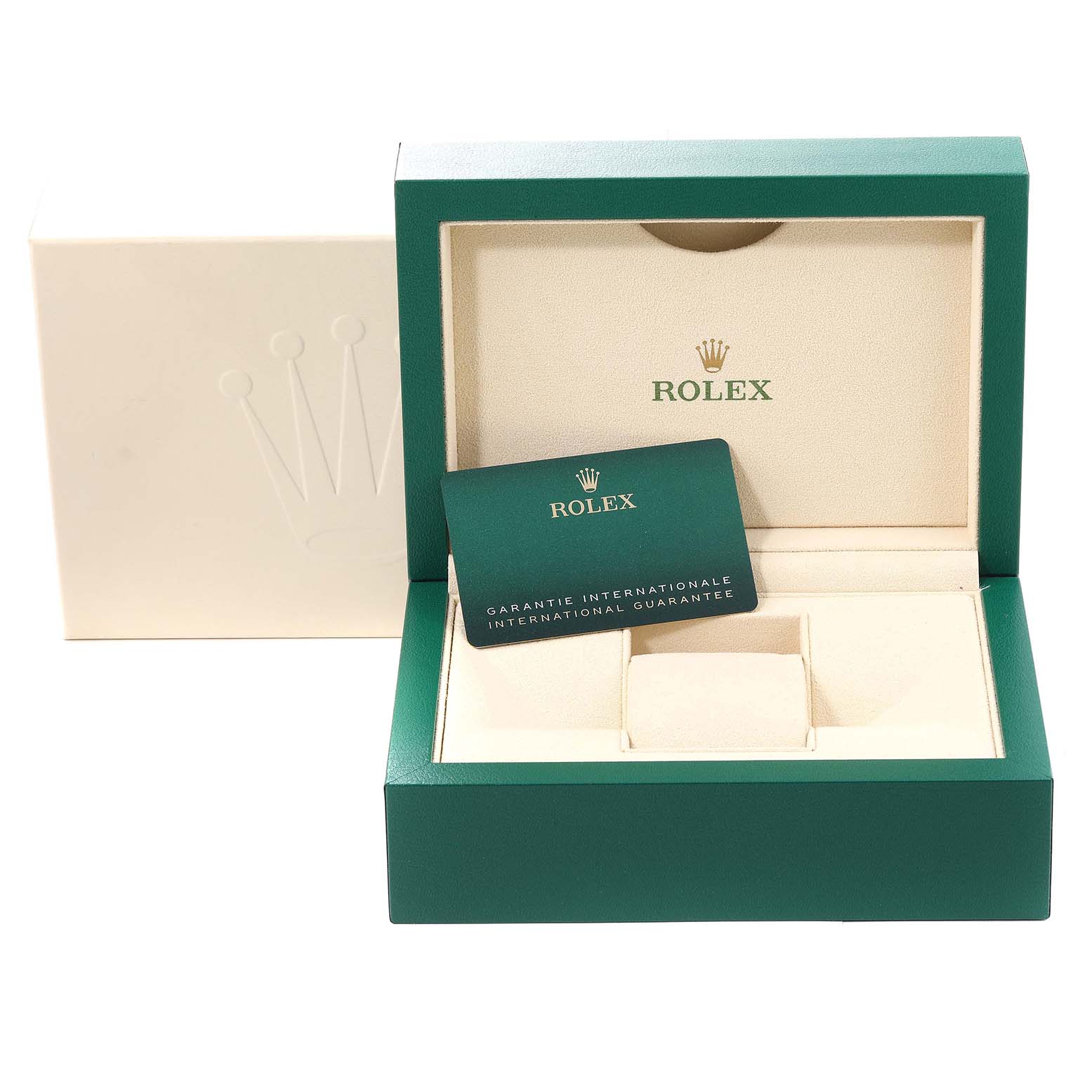 The image shows the open Rolex Sea-Dweller 126603 Men
s Steel and Gold (two tone) Black Dial 126603 Men
s Steel and Gold (two tone) Black Dial watch box, featuring the inner casing and the international guarantee card.