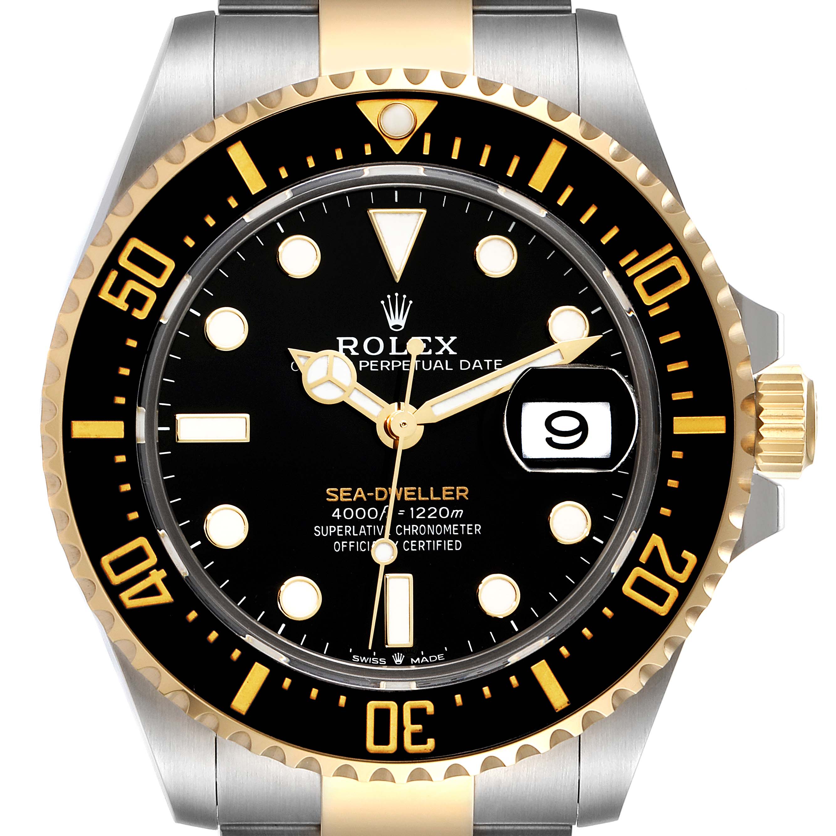 The image shows a frontal view of the Rolex Sea-Dweller 126603 Men
s Steel and Gold (two tone) Black Dial 126603 Men
s Steel and Gold (two tone) Black Dial watch face and part of its bracelet.