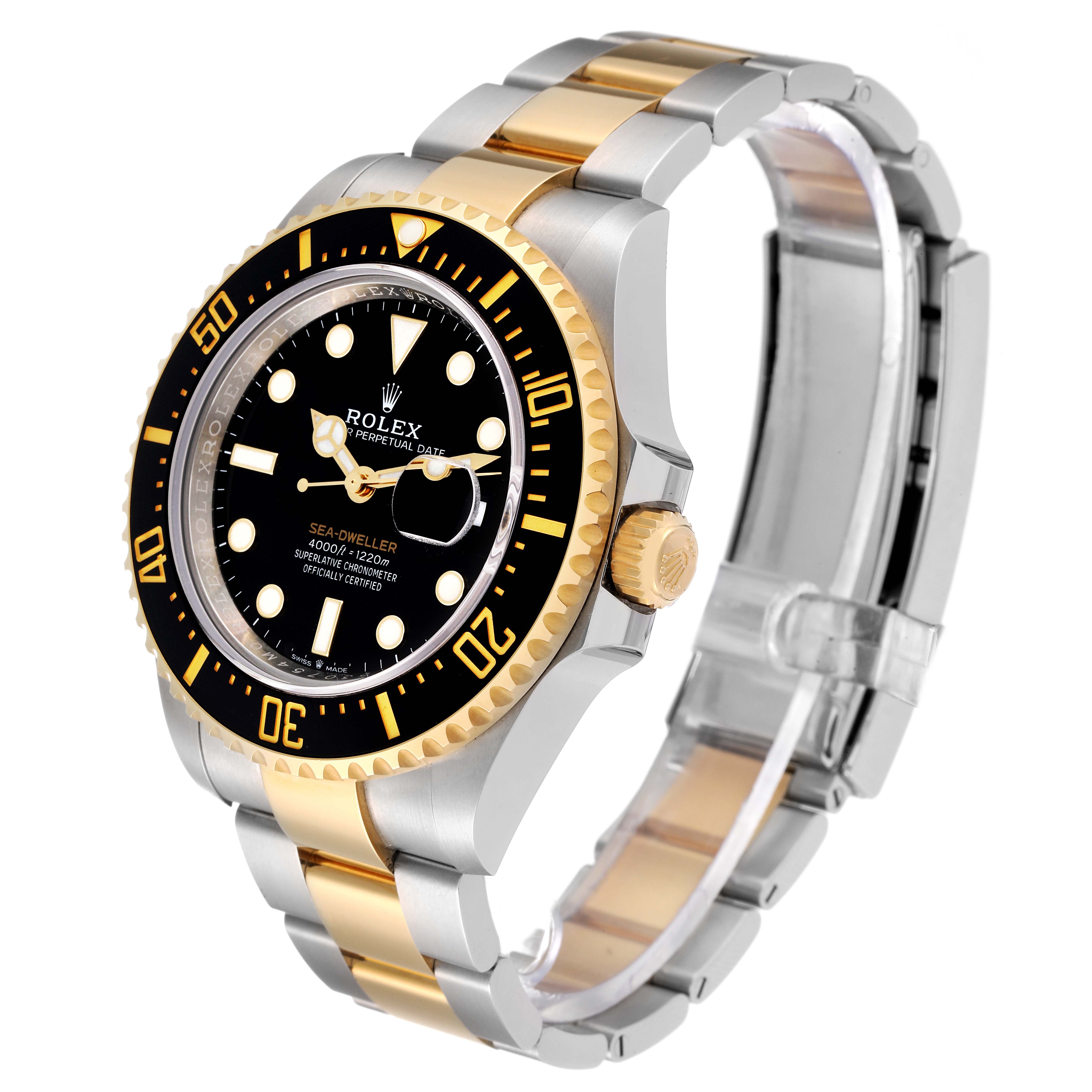 This image shows a side angle of the Rolex Sea-Dweller 126603 Men
s Steel and Gold (two tone) Black Dial 126603 Men
s Steel and Gold (two tone) Black Dial watch, highlighting the two-tone metal bracelet, bezel, and dial.