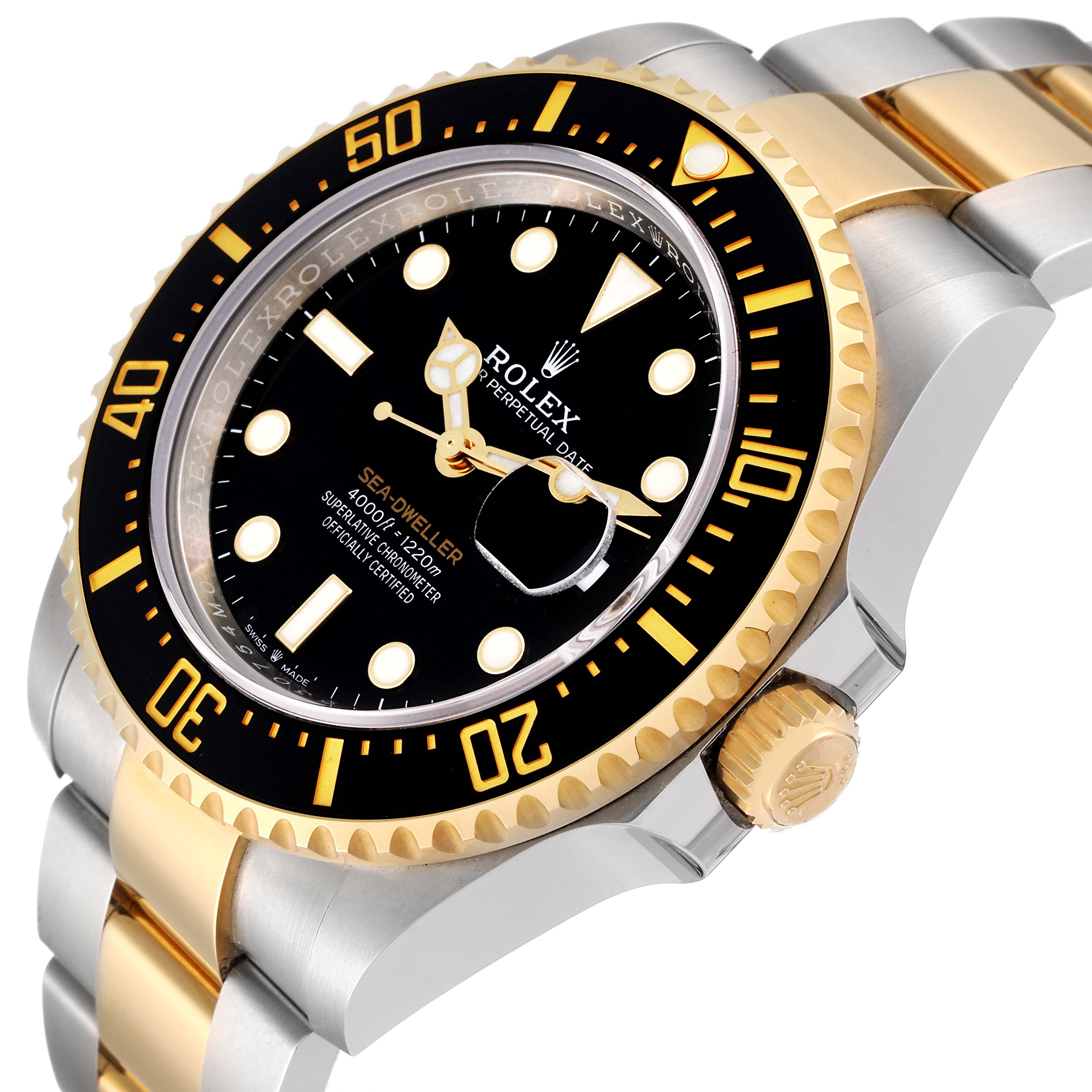 The image shows an angled view of the Rolex Sea-Dweller 126603 Men
s Steel and Gold (two tone) Black Dial 126603 Men
s Steel and Gold (two tone) Black Dial, highlighting the bezel, dial, crown, and part of the bracelet.