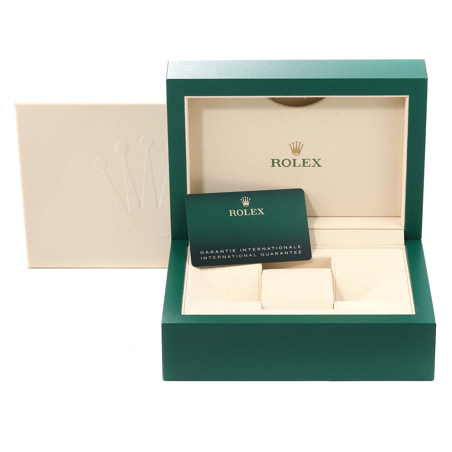 This image shows an open Rolex Sea-Dweller 136660 Men
s Stainless Steel Black Dial 136660 Men
s Stainless Steel Black Dial watch box, including the green international guarantee card inside.