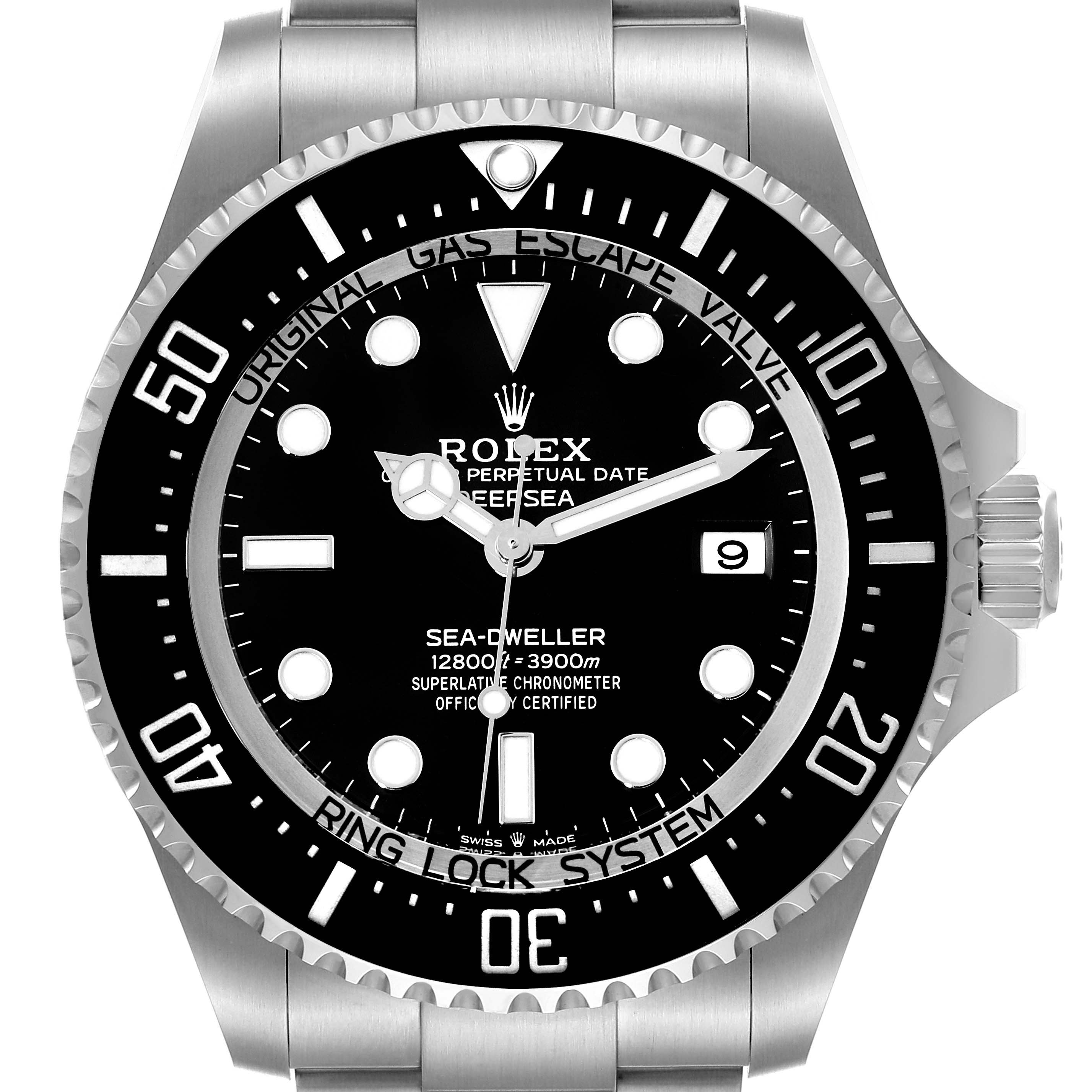 The image shows a front view of the dial and bezel of the Rolex Sea-Dweller 136660 Men
s Stainless Steel Black Dial 136660 Men
s Stainless Steel Black Dial watch.