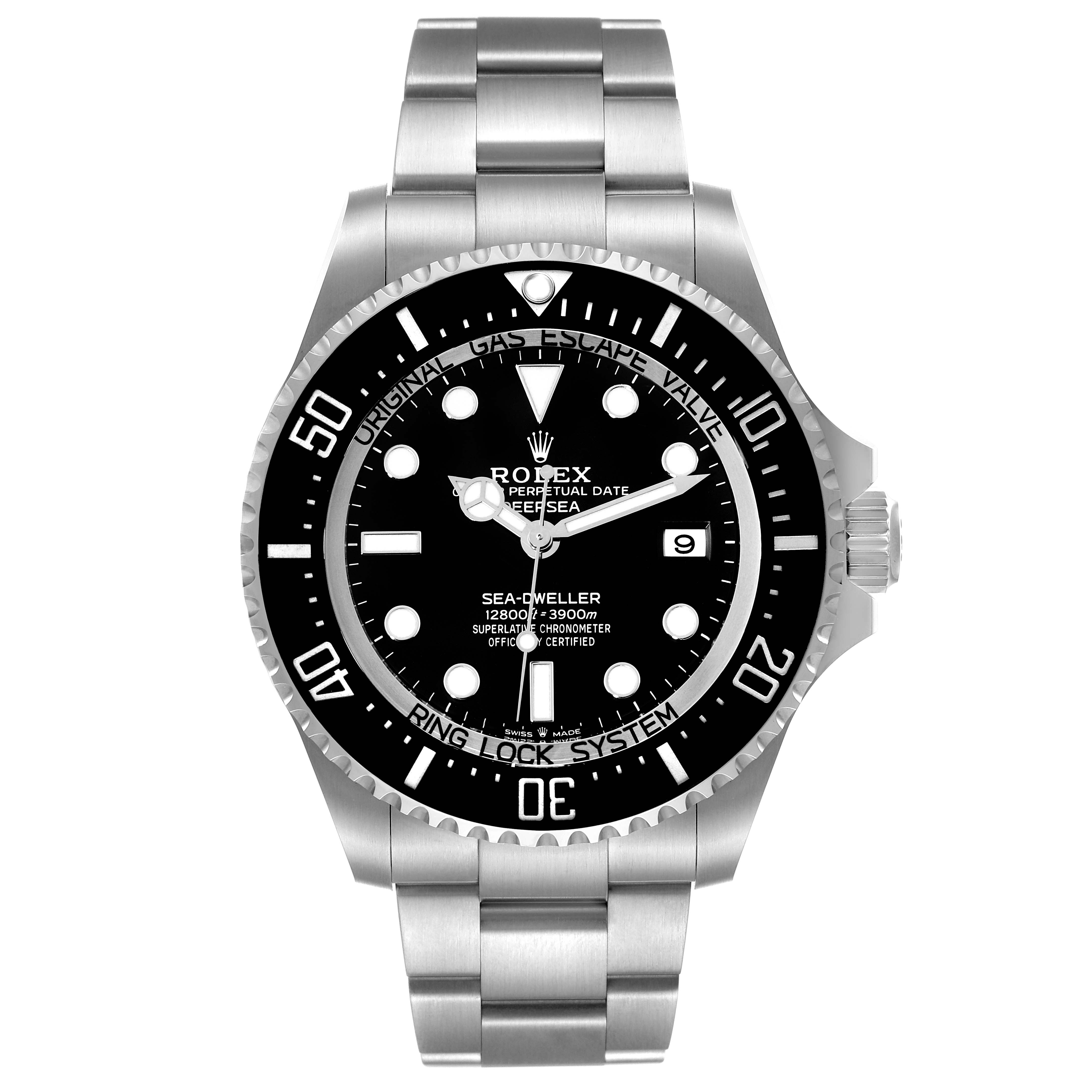 The image shows a front view of the Rolex Sea-Dweller 136660 Men
s Stainless Steel Black Dial 136660 Men
s Stainless Steel Black Dial watch, highlighting its dial, bezel, case, and bracelet.