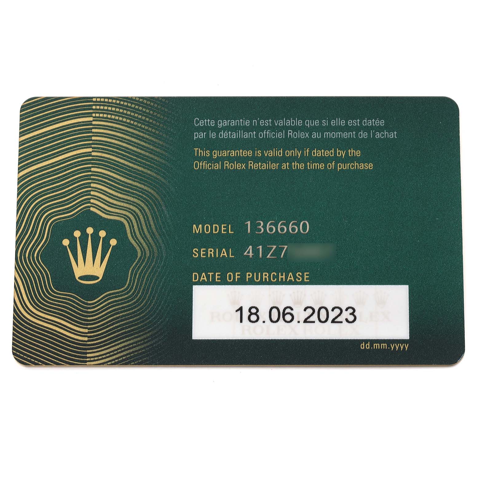 The image shows a guarantee card for a Rolex Sea-Dweller 136660 Men
s Stainless Steel Black Dial 136660 Men
s Stainless Steel Black Dial model.