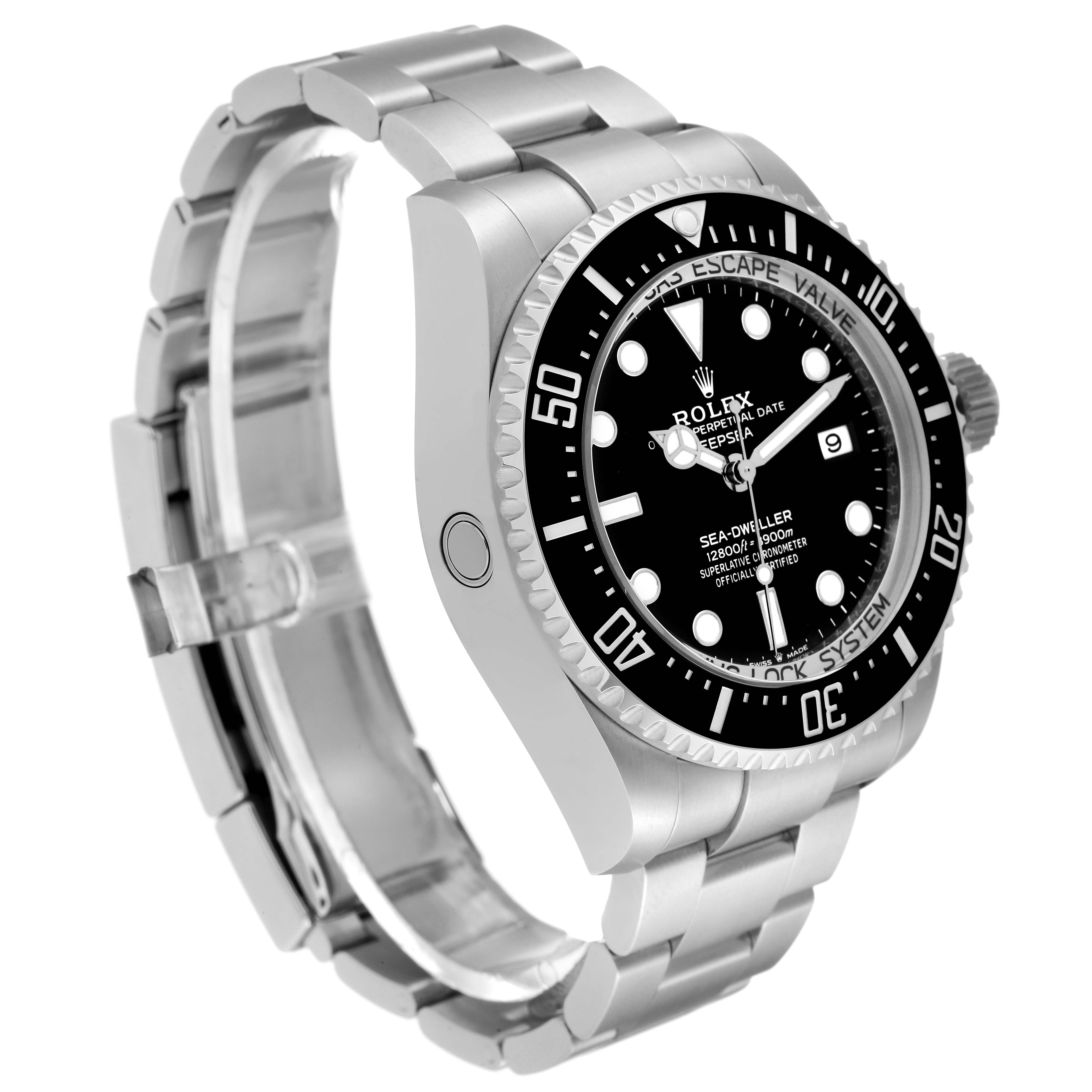 The image shows a Rolex Sea-Dweller 136660 Men
s Stainless Steel Black Dial 136660 Men
s Stainless Steel Black Dial watch at a slight left side angle, highlighting the case, dial, bezel, and bracelet.