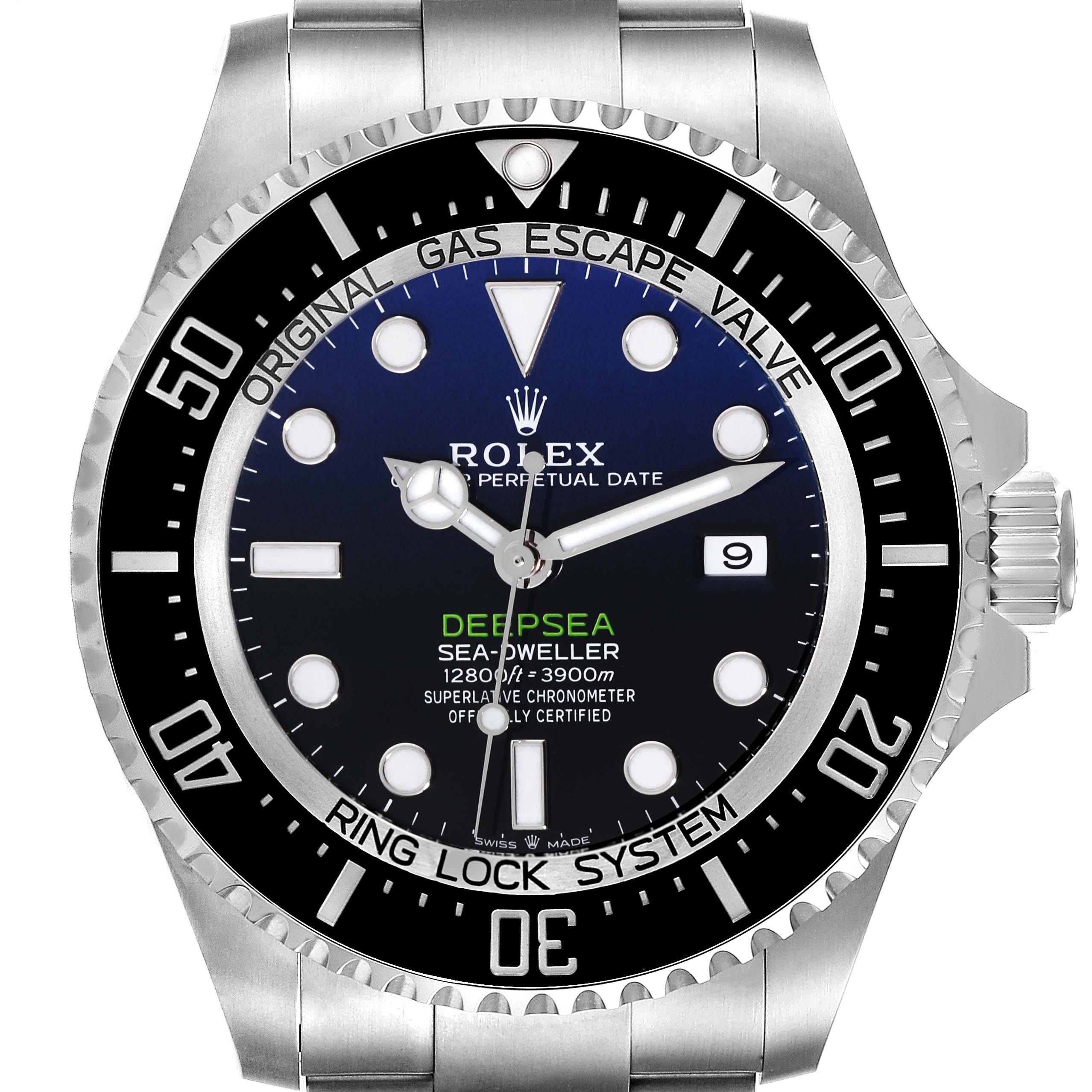 This image shows a frontal view of the Rolex Sea-Dweller 126660 Men
s Stainless Steel Blue Dial 126660 Men
s Stainless Steel Blue Dial Deepsea watch, highlighting its dial, bezel, and part of its bracelet.