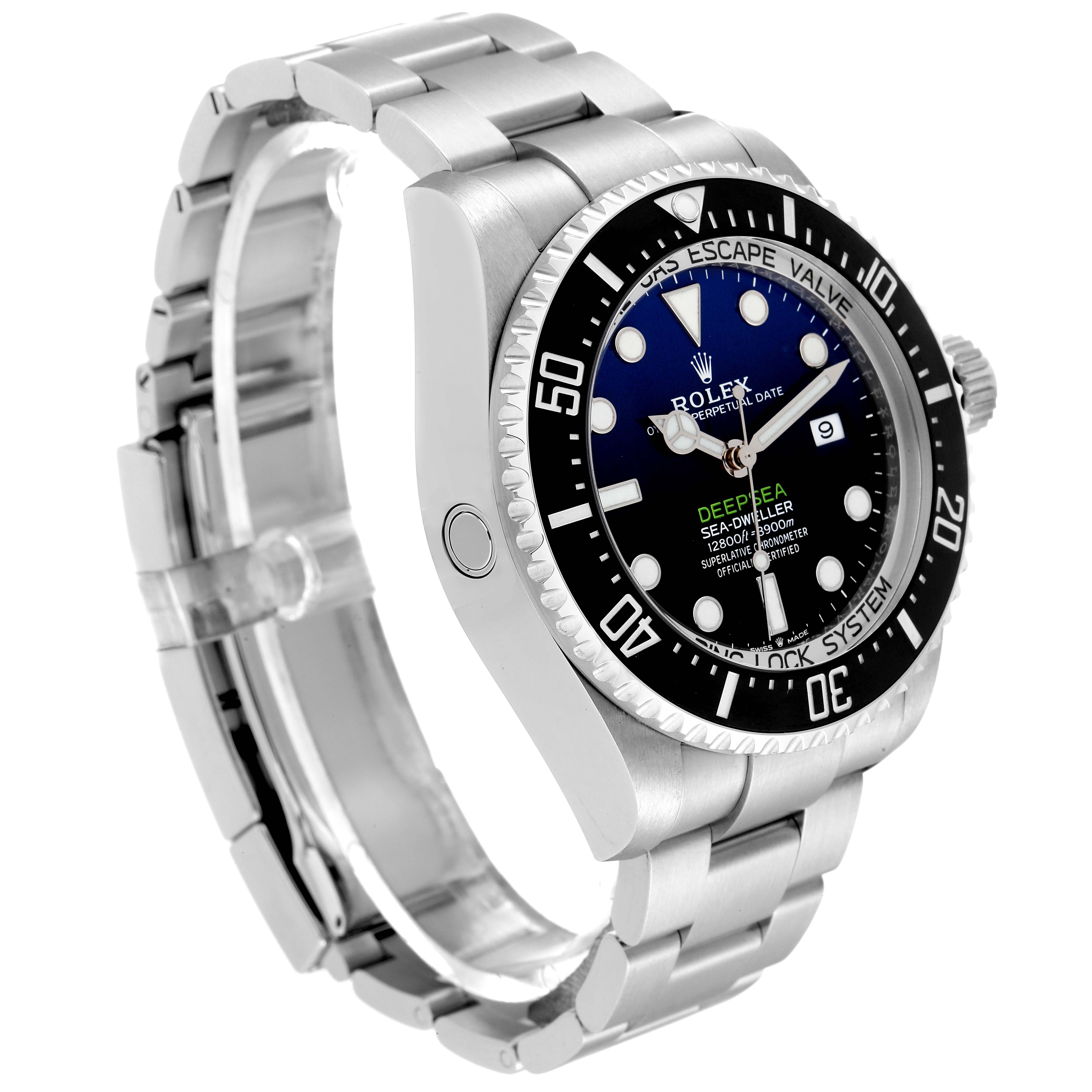 The Rolex Sea-Dweller 126660 Men
s Stainless Steel Blue Dial 126660 Men
s Stainless Steel Blue Dial watch is shown from a front-right angle, highlighting the face, bezel, crown, and metal band.