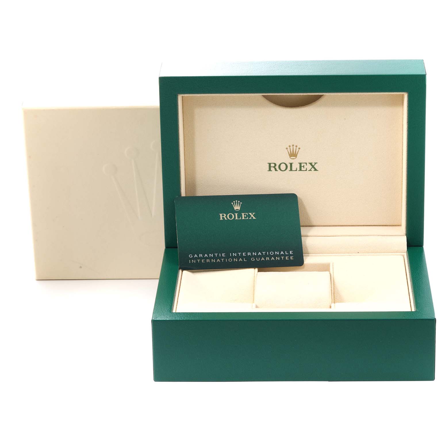 The image shows an open green Rolex Sea-Dweller 126660 Men
s Stainless Steel Blue Dial 126660 Men
s Stainless Steel Blue Dial watch box with an international guarantee card inside.