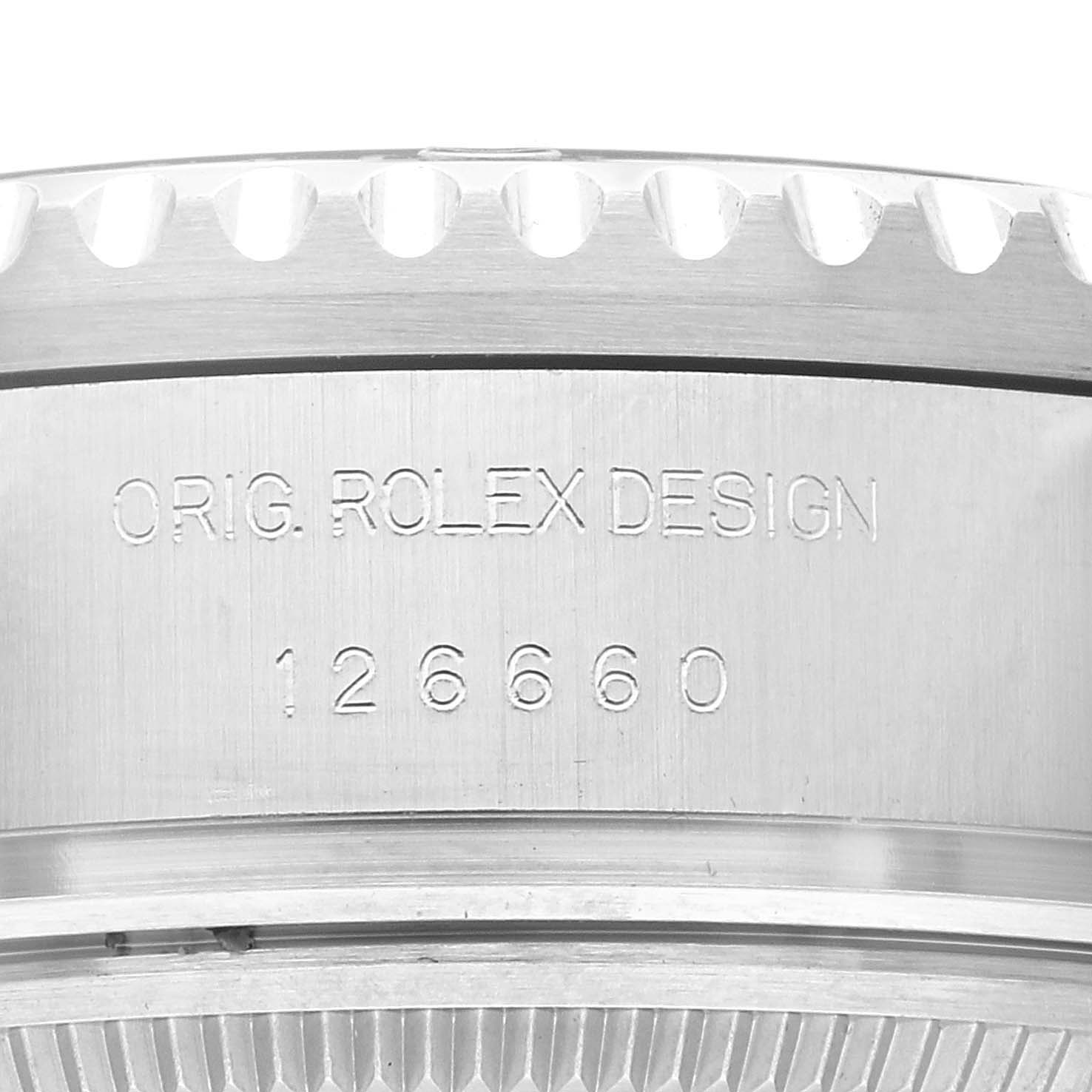 This image shows a close-up of the case side and bezel of a Rolex Sea-Dweller 126660 Men
s Stainless Steel Blue Dial 126660 Men
s Stainless Steel Blue Dial model, displaying the engraving with its reference number 126660.
