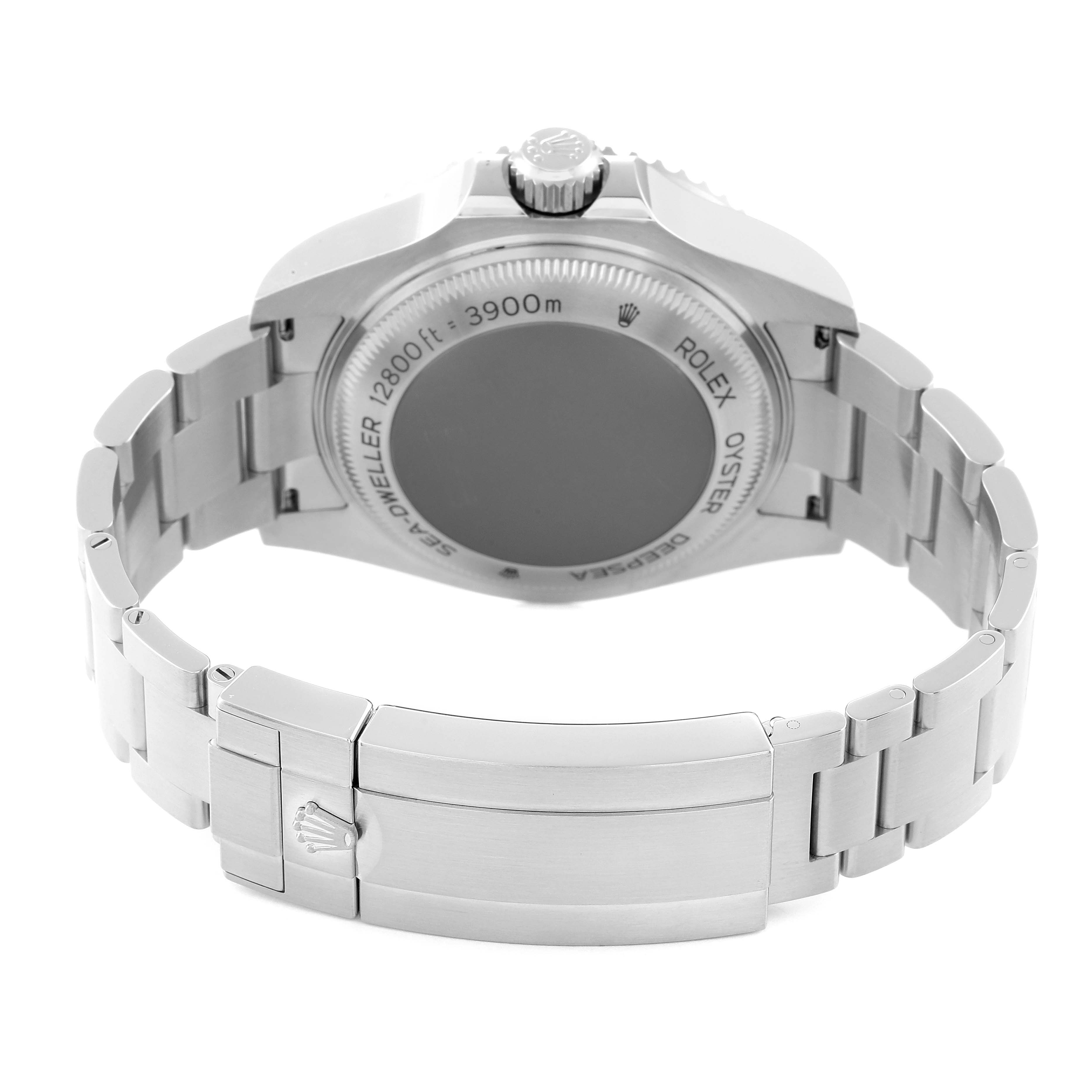 The image shows the back side and bracelet of a Rolex Sea-Dweller 126660 Men
s Stainless Steel Blue Dial 126660 Men
s Stainless Steel Blue Dial watch with the case back, crown, and clasp visible.