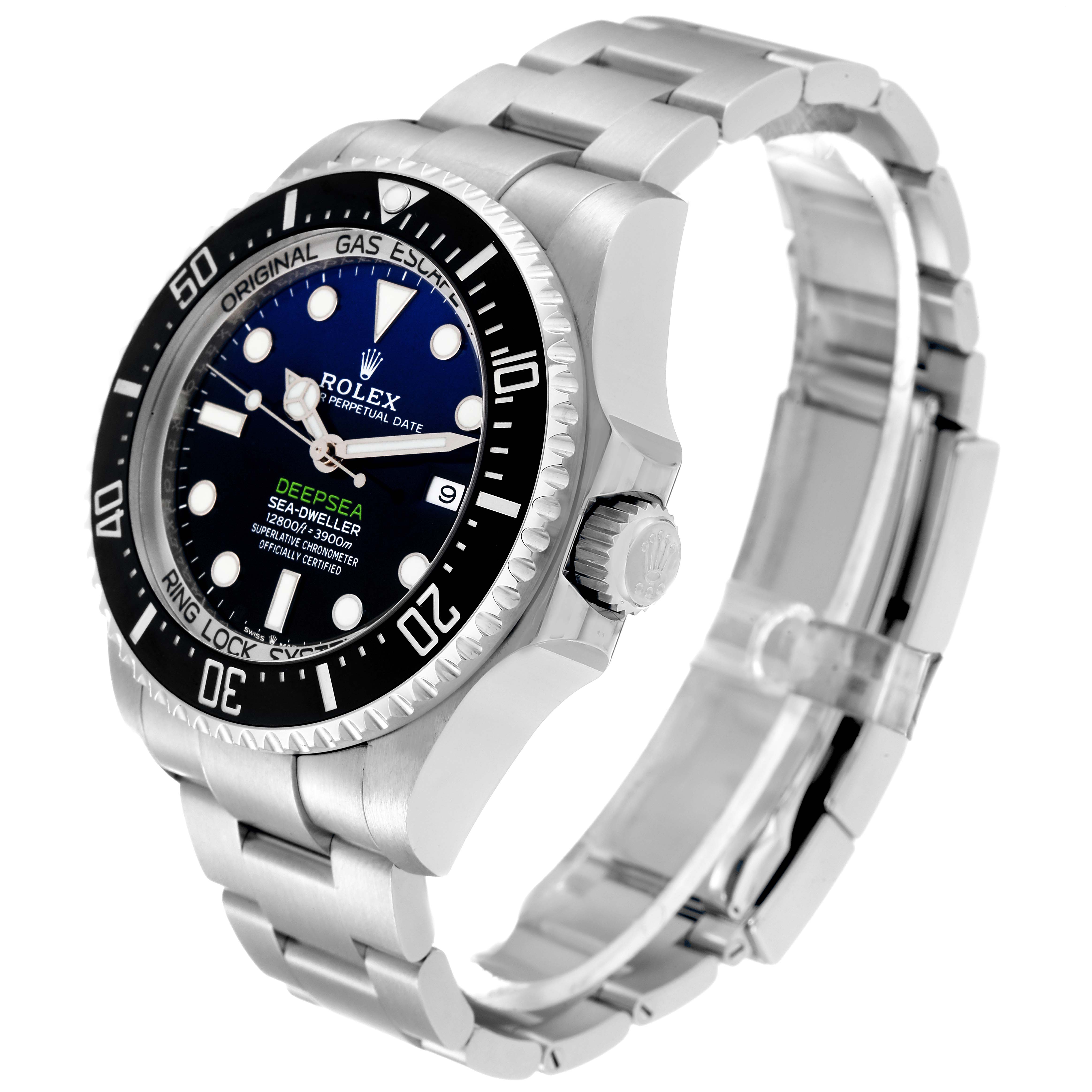 The image shows a side and angled view of the Rolex Sea-Dweller 126660 Men
s Stainless Steel Blue Dial 126660 Men
s Stainless Steel Blue Dial watch, highlighting the rotating bezel, dial, crown, and metal bracelet.