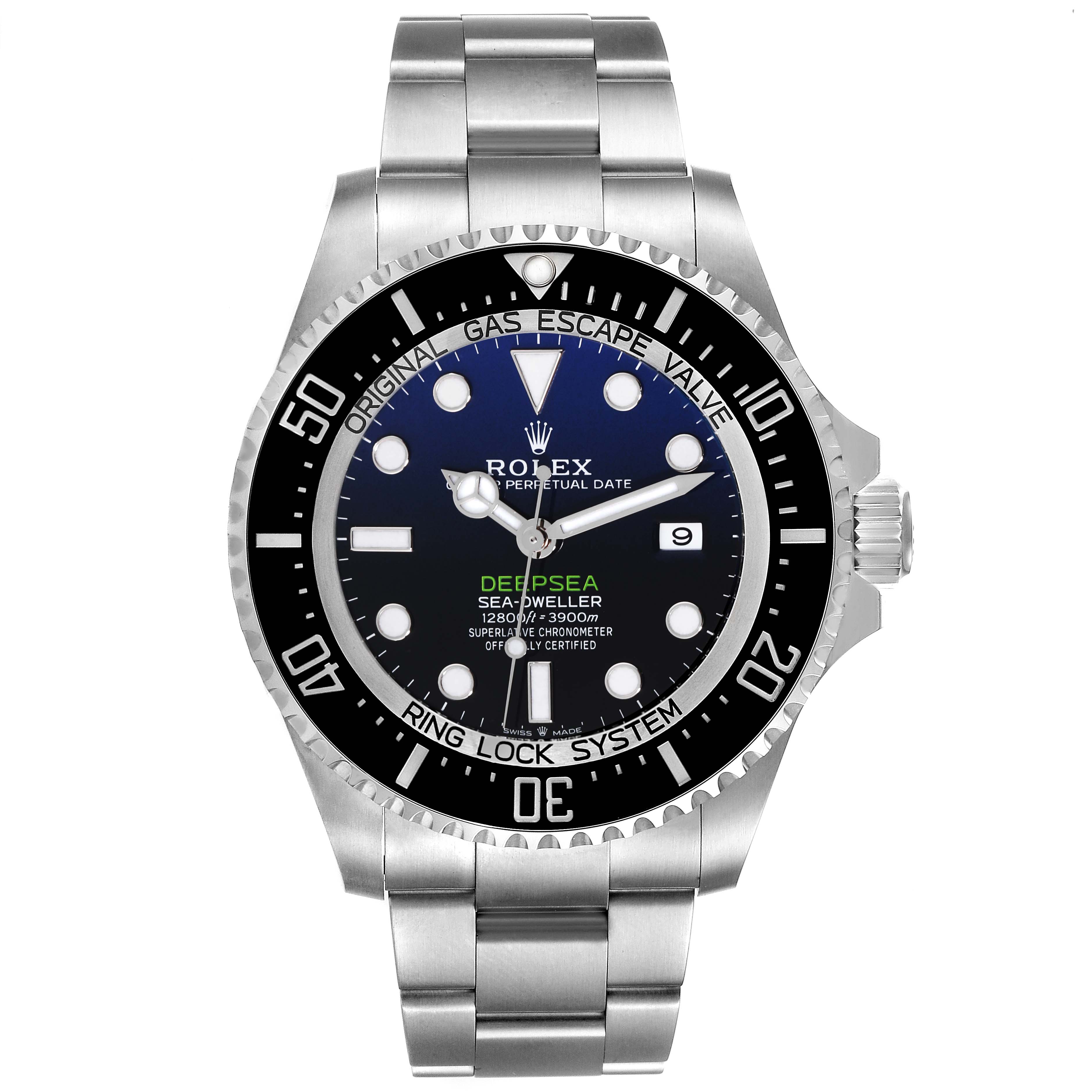 The image shows a front view of the Rolex Sea-Dweller 126660 Men
s Stainless Steel Blue Dial 126660 Men
s Stainless Steel Blue Dial Deepsea watch, highlighting the dial, bezel, and stainless steel bracelet.