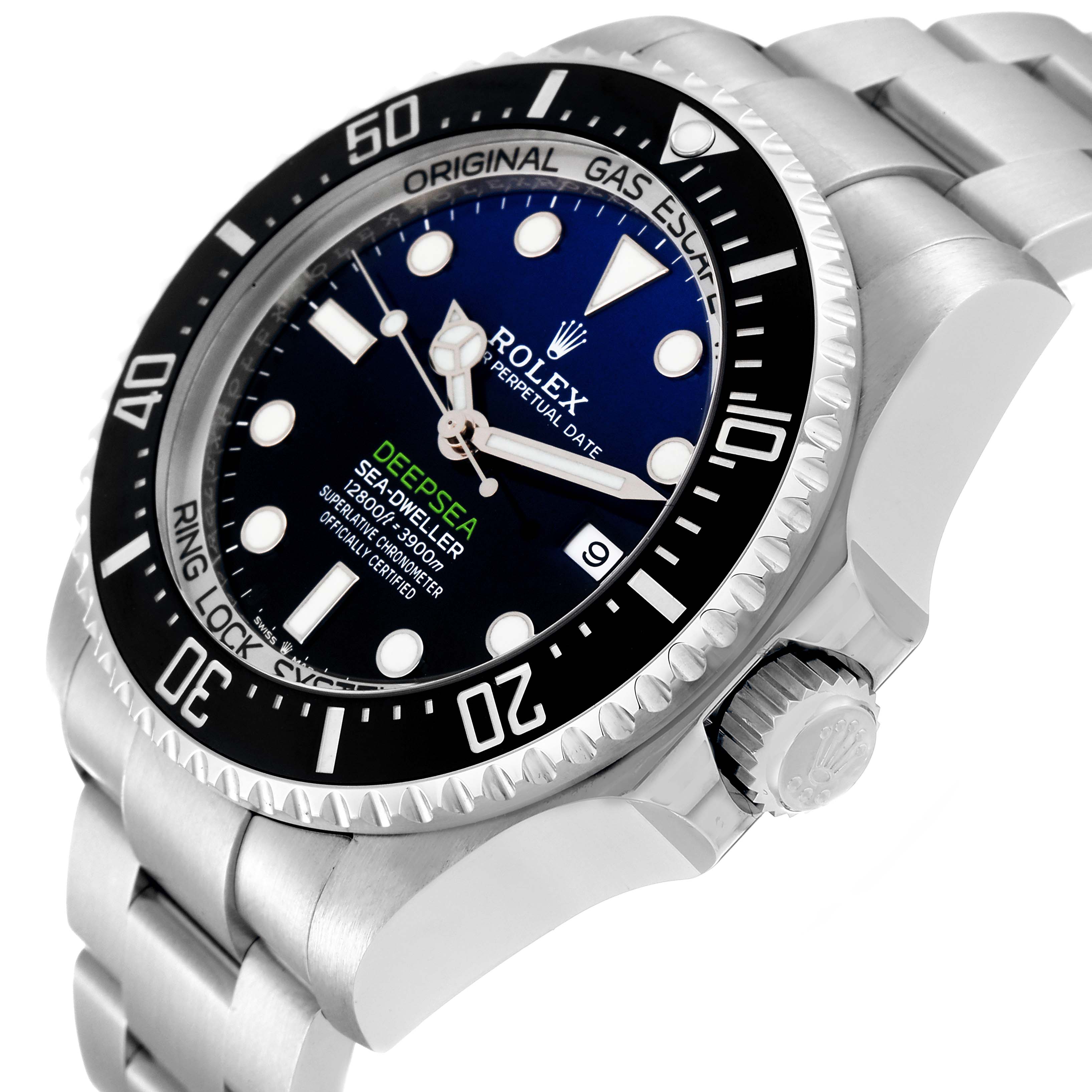 This Rolex Sea-Dweller 126660 Men
s Stainless Steel Blue Dial 126660 Men
s Stainless Steel Blue Dial watch is shown at a right-side angle, highlighting the bezel, crown, and bracelet.