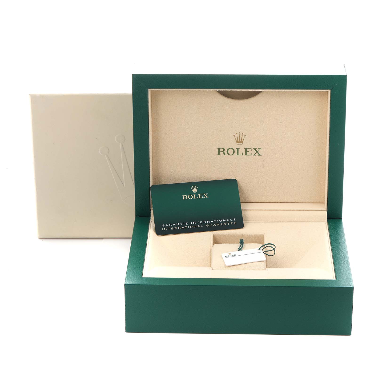 The image shows the open box and accessories for a Rolex Sky-Dweller 336934 Men
s Stainless Steel Black Dial 336934 Men
s Stainless Steel Black Dial, including a guarantee card and a tag.