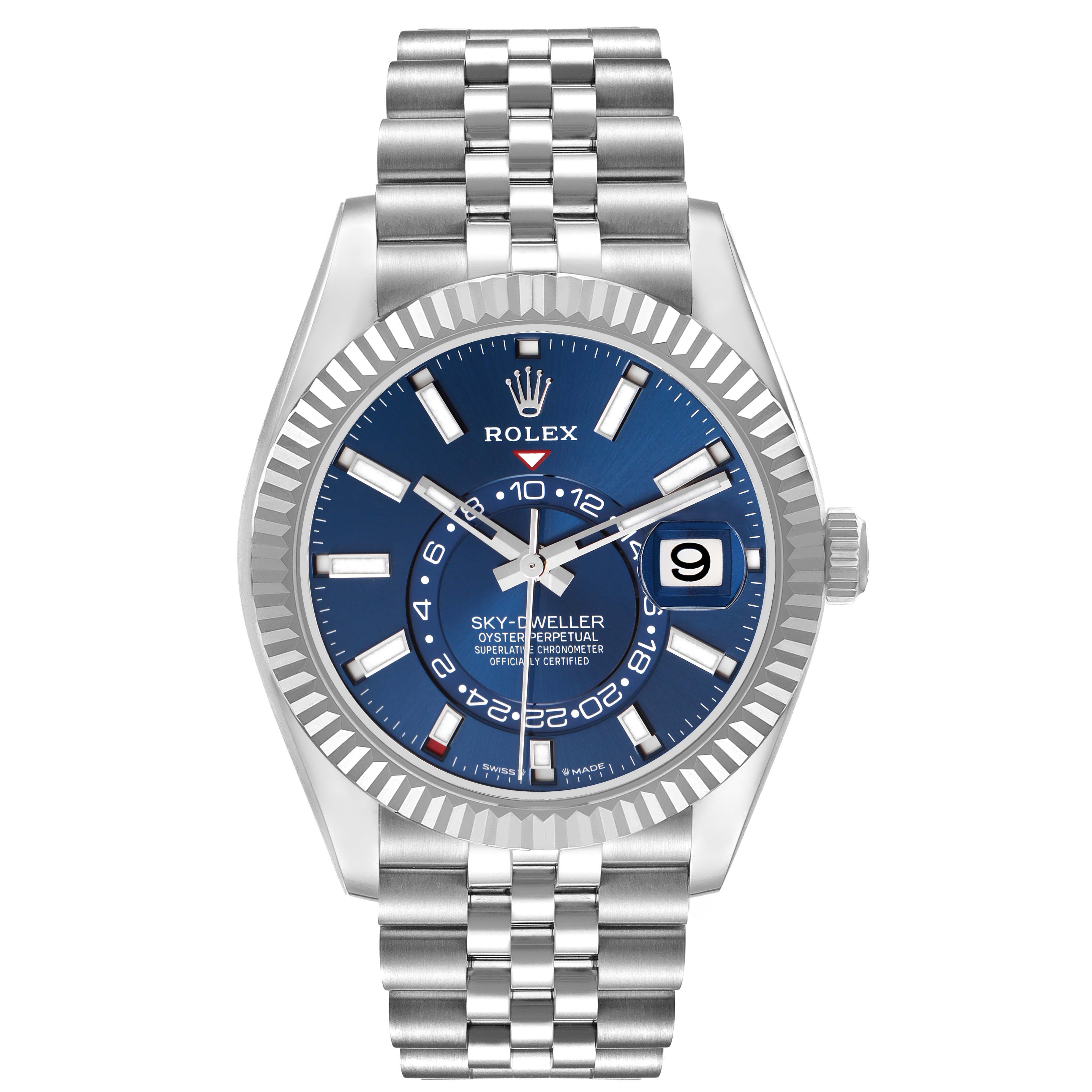 The Rolex Sky-Dweller 336934 Men
s Stainless Steel Blue Dial 336934 Men
s Stainless Steel Blue Dial watch is shown from the front, highlighting its blue dial, date display, and metal bracelet.
